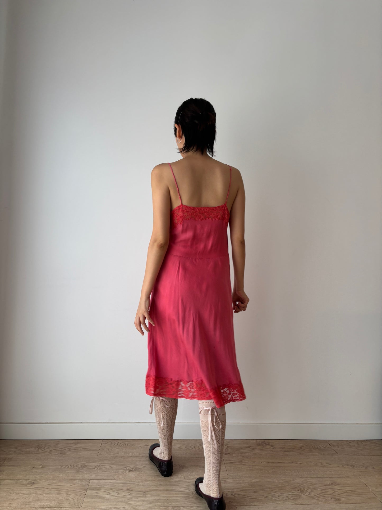 1930s 1920s Antique rare red rich lace liquid pure silk satin bridal slip dress