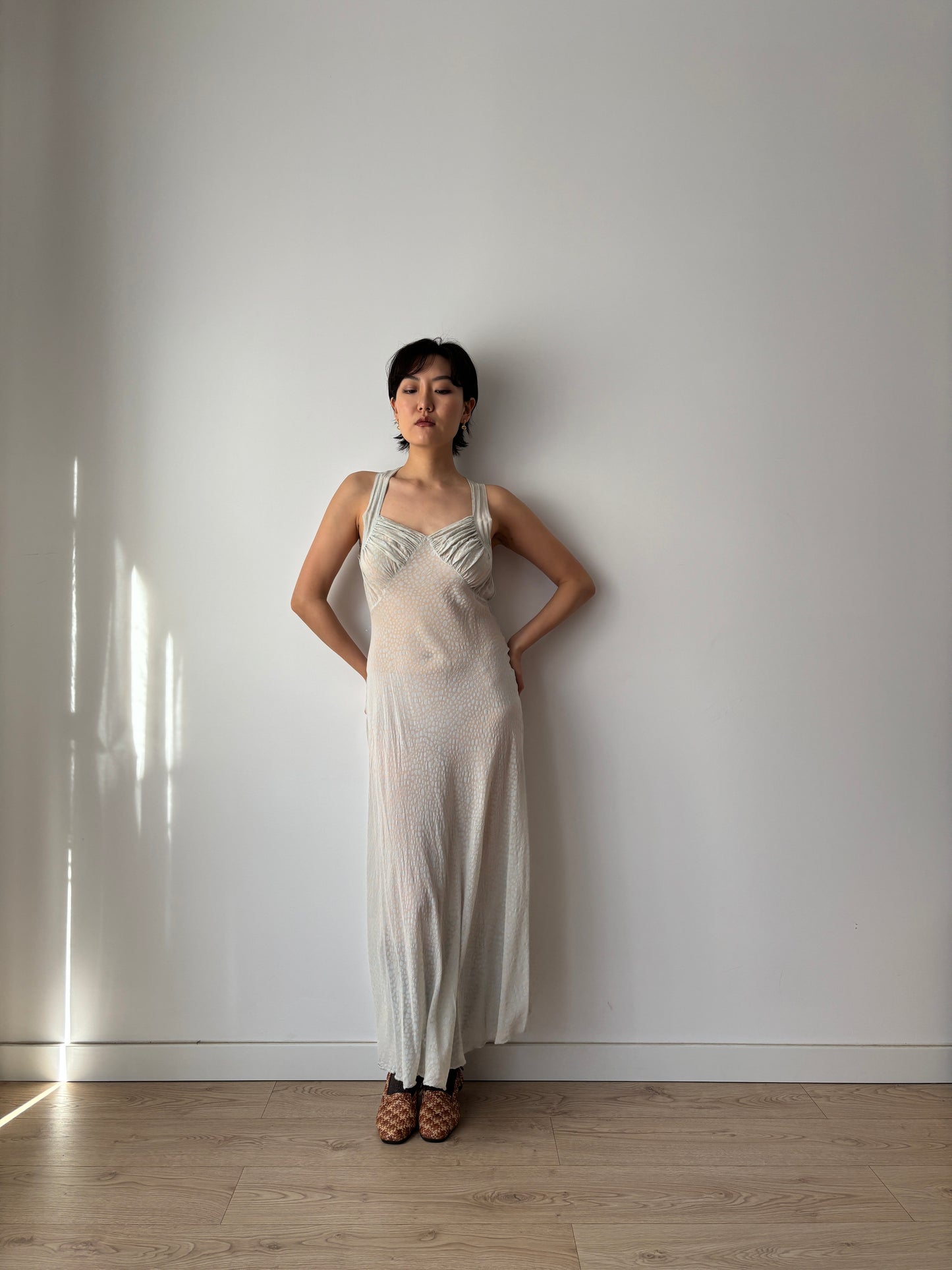 1930s Bias Cut Silk Crepe Gown in Beige: Subtle Blue Floral Print