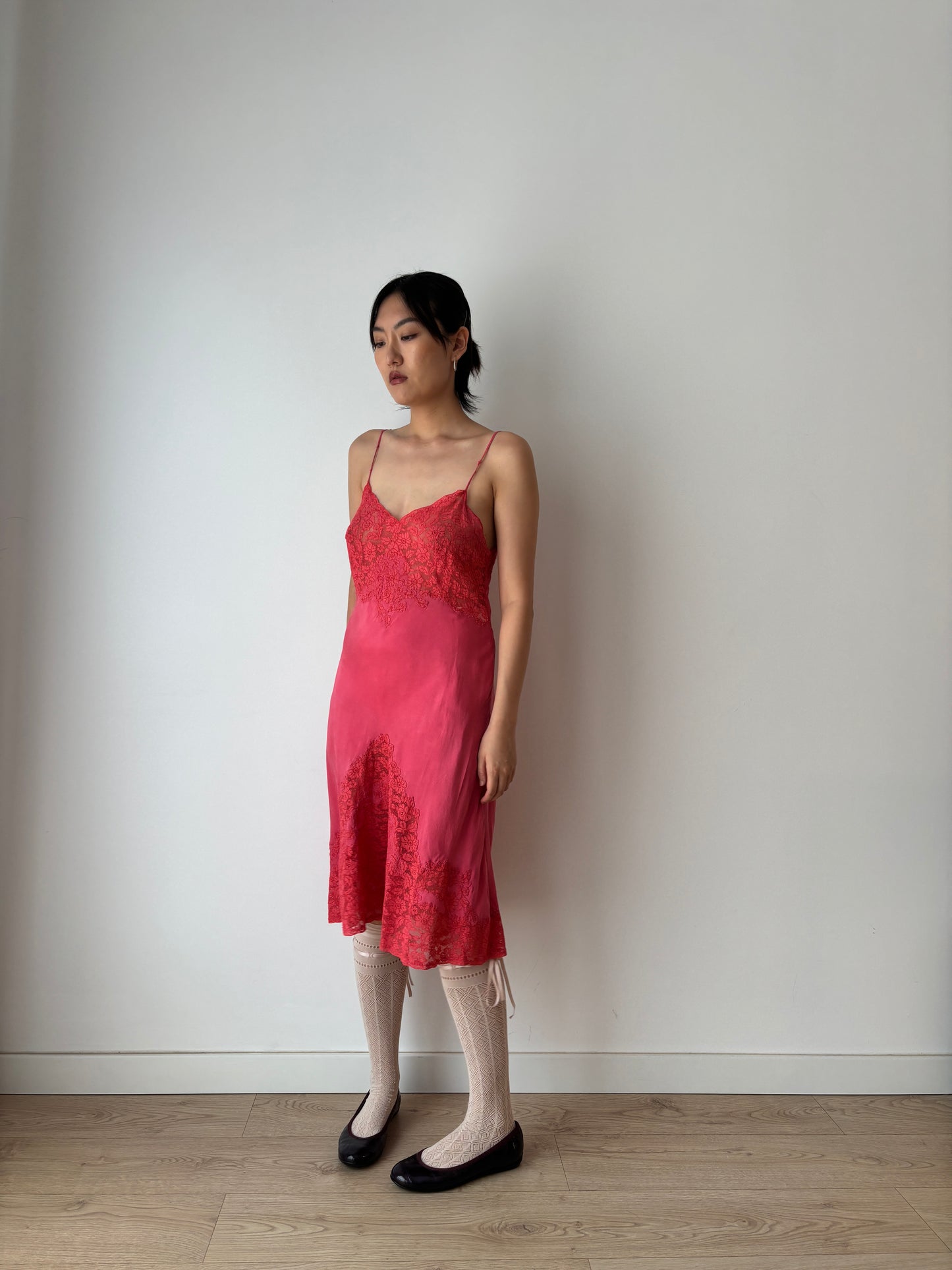 1930s 1920s Antique rare red rich lace liquid pure silk satin bridal slip dress