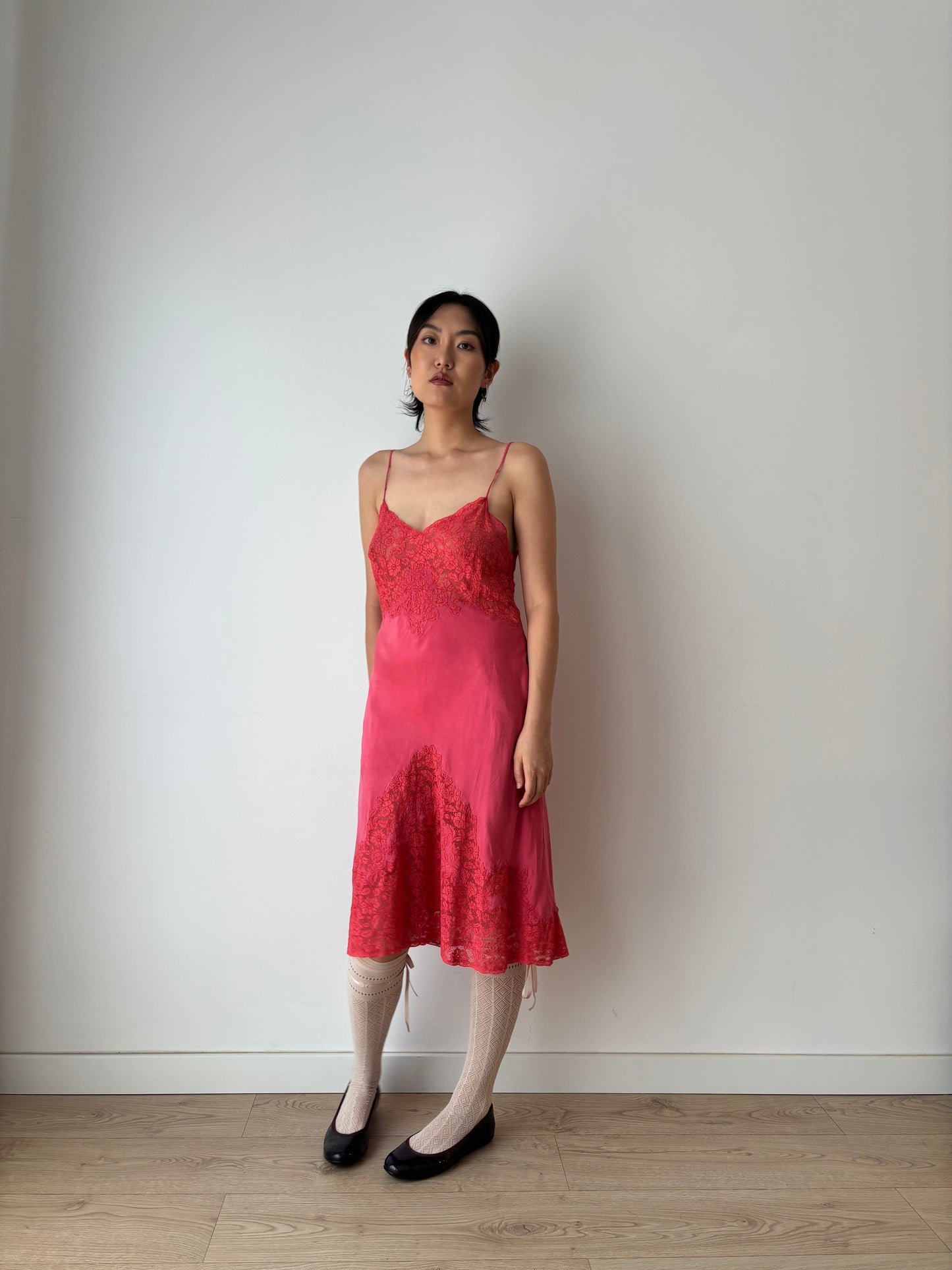 1930s 1920s Antique rare red rich lace liquid pure silk satin bridal slip dress