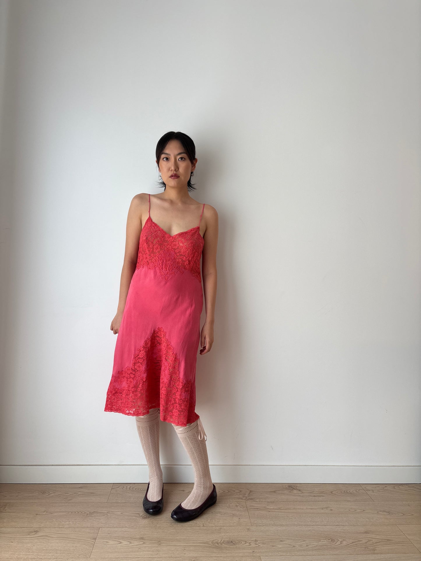 1930s 1920s Antique rare red rich lace liquid pure silk satin bridal slip dress