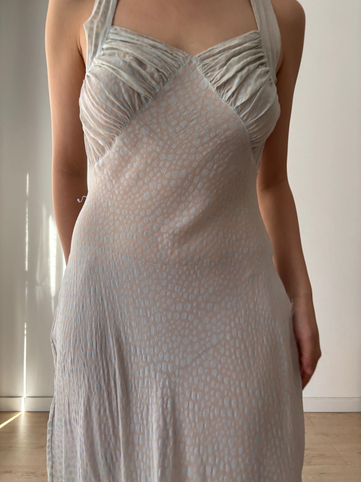 1930s Bias Cut Silk Crepe Gown in Beige: Subtle Blue Floral Print