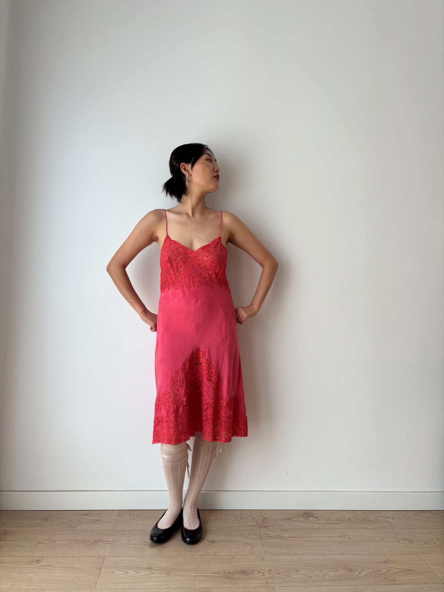 1930s 1920s Antique rare red rich lace liquid pure silk satin bridal slip dress