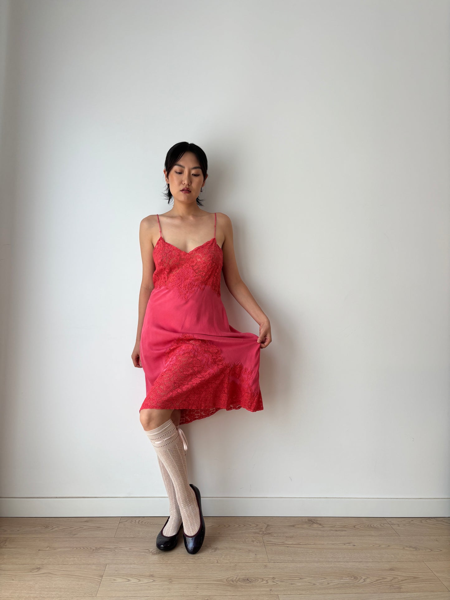 1930s 1920s Antique rare red rich lace liquid pure silk satin bridal slip dress