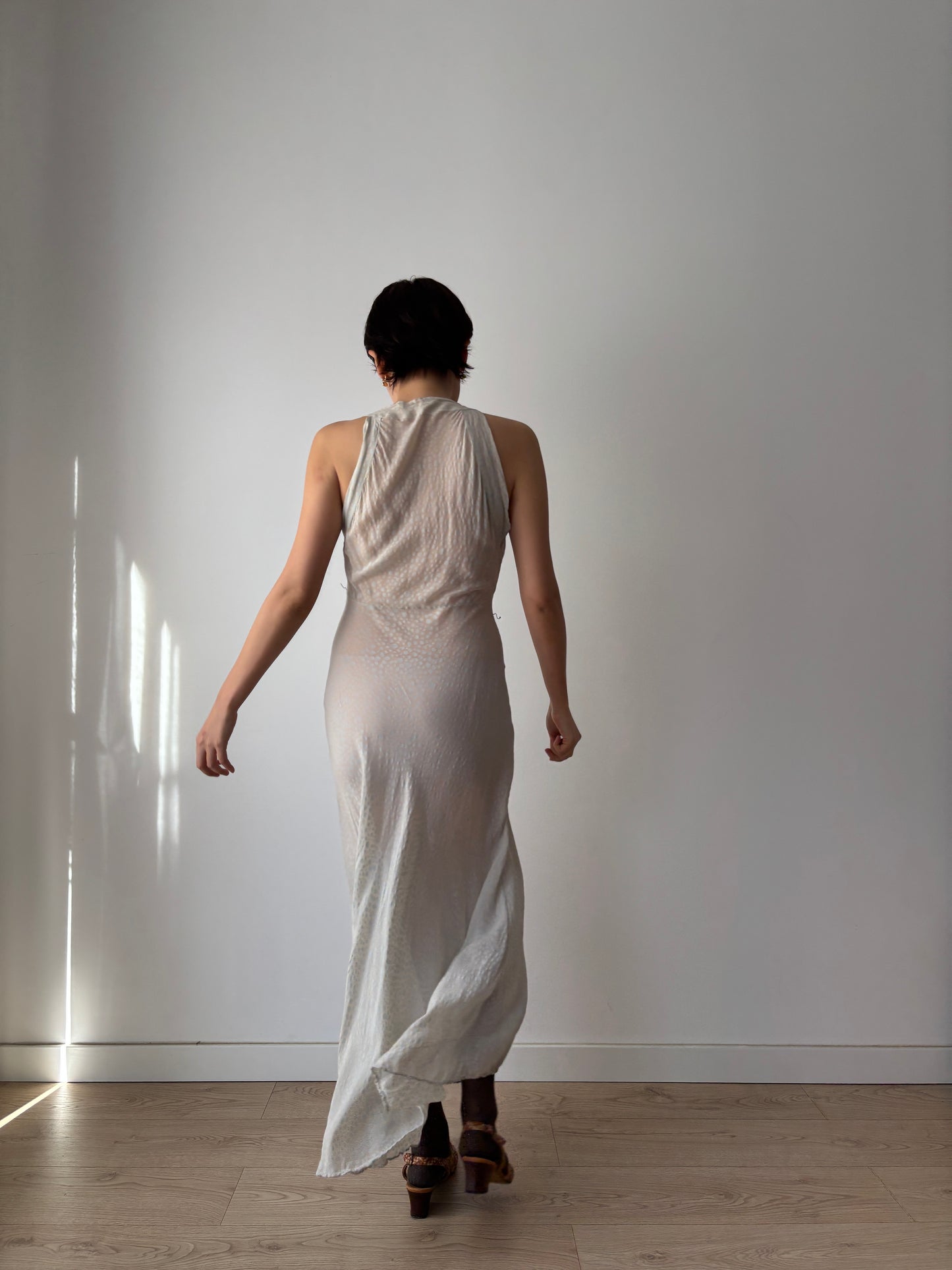 1930s Bias Cut Silk Crepe Gown in Beige: Subtle Blue Floral Print