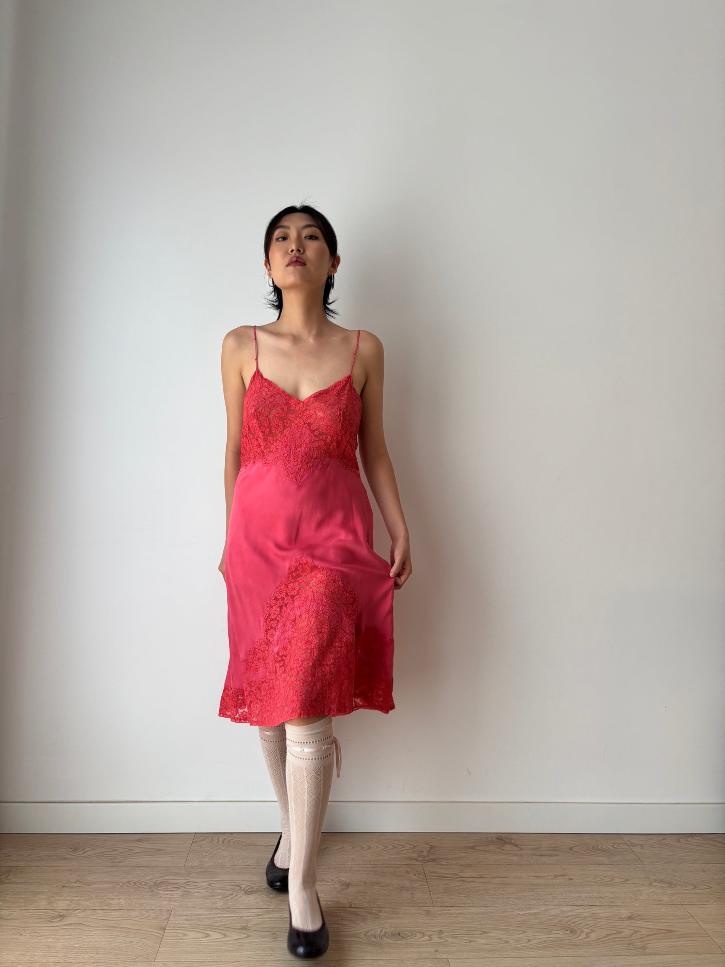 1930s 1920s Antique rare red rich lace liquid pure silk satin bridal slip dress