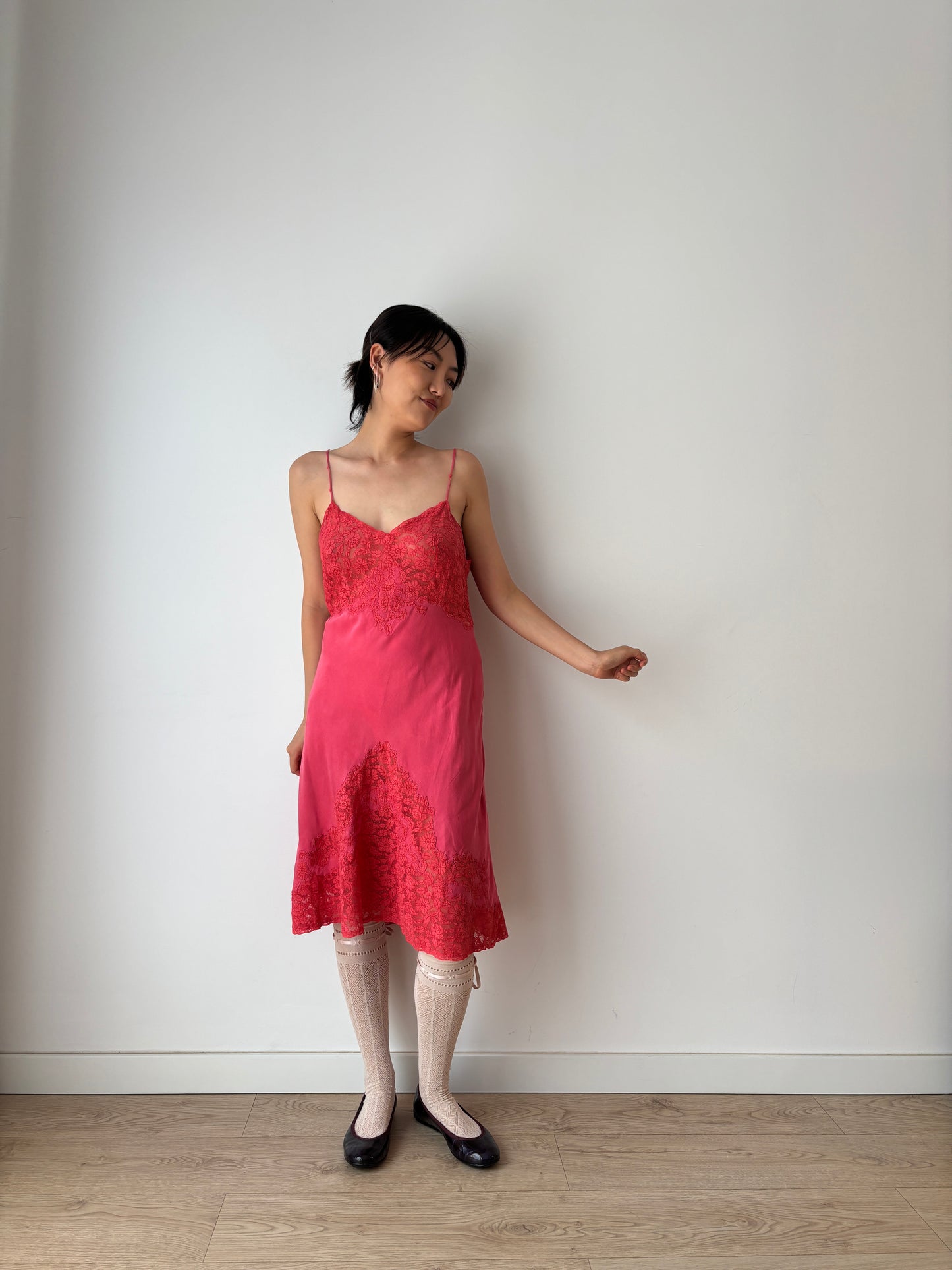 1930s 1920s Antique rare red rich lace liquid pure silk satin bridal slip dress