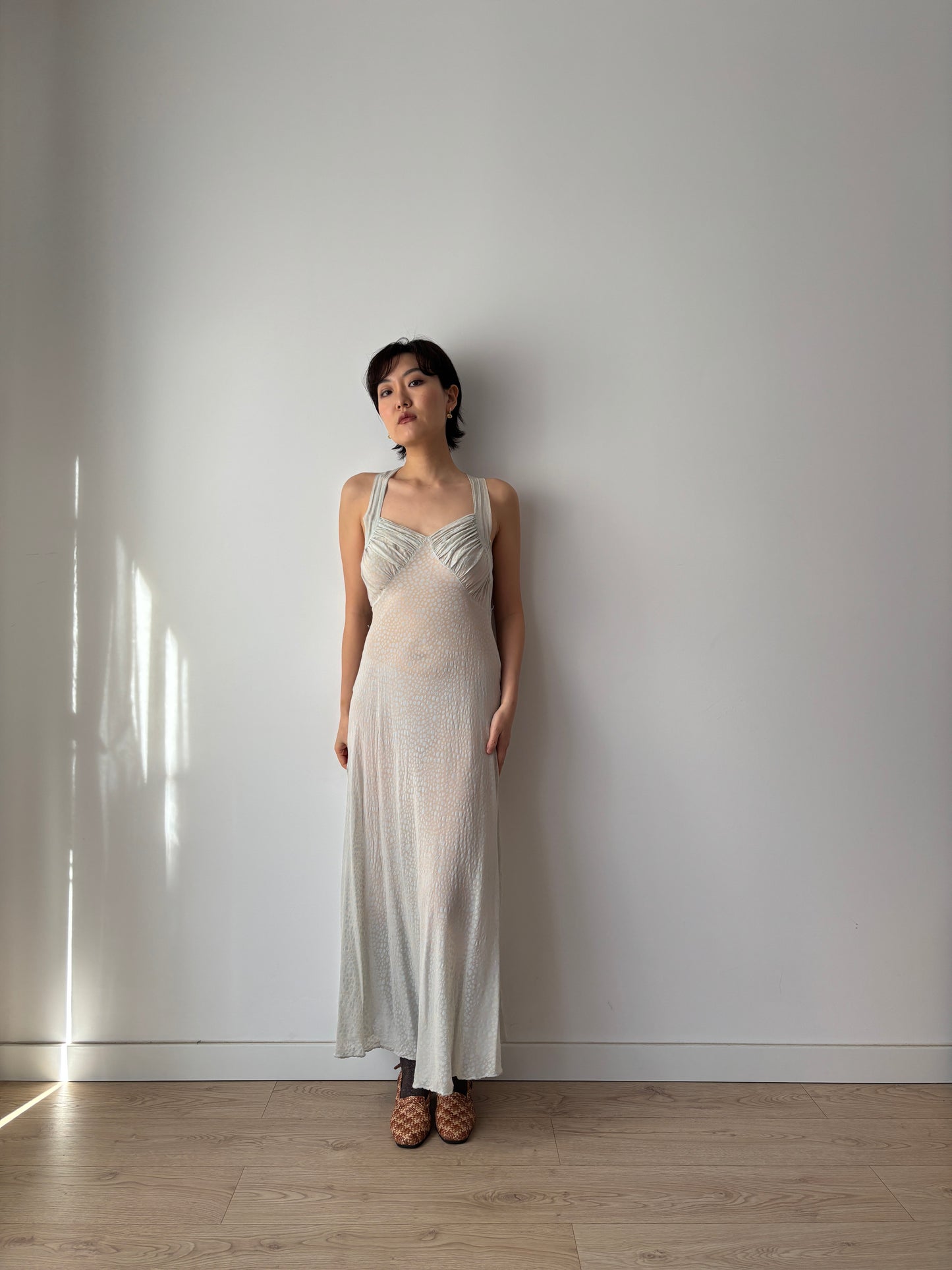 1930s Bias Cut Silk Crepe Gown in Beige: Subtle Blue Floral Print