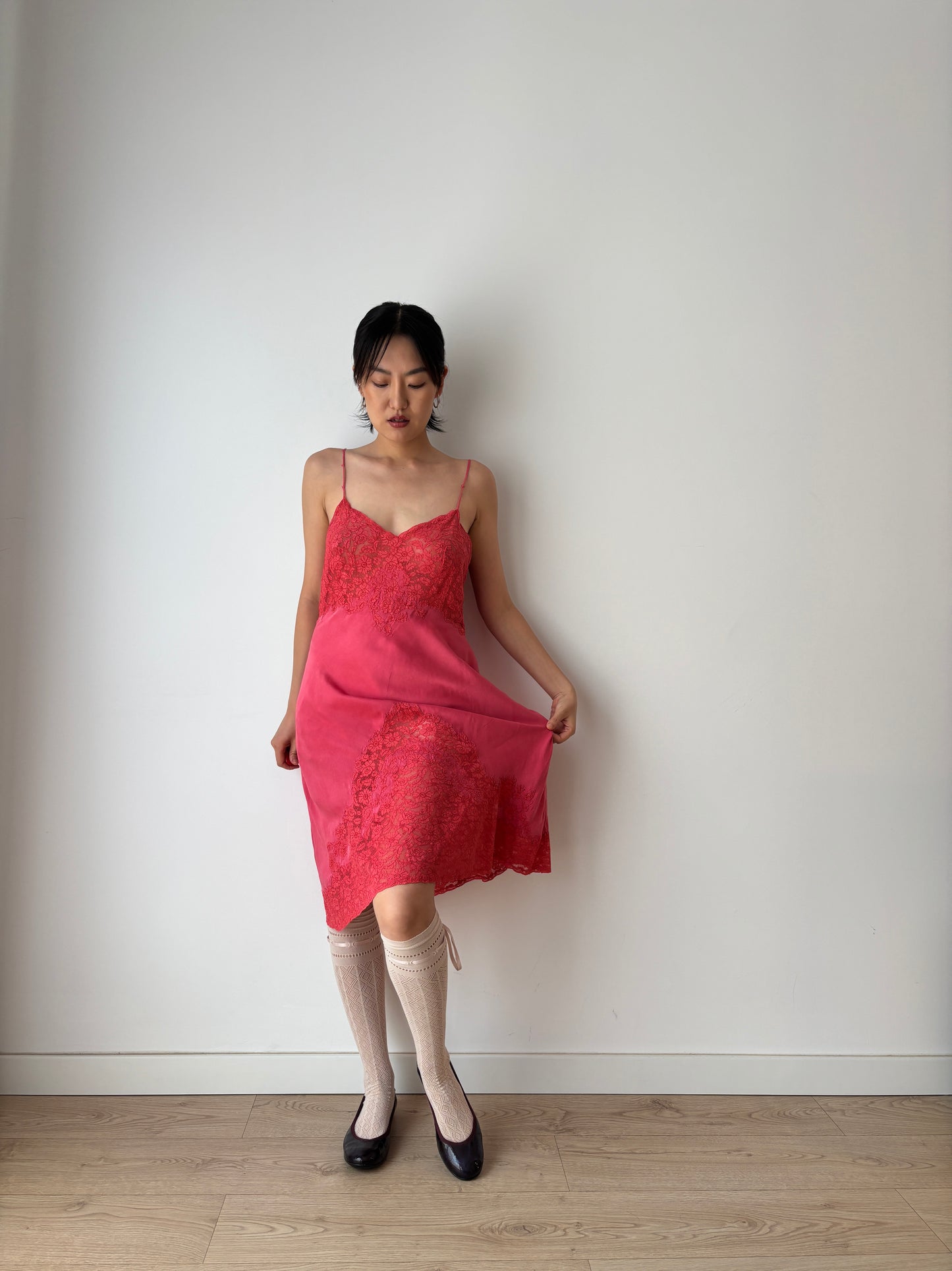 1930s 1920s Antique rare red rich lace liquid pure silk satin bridal slip dress