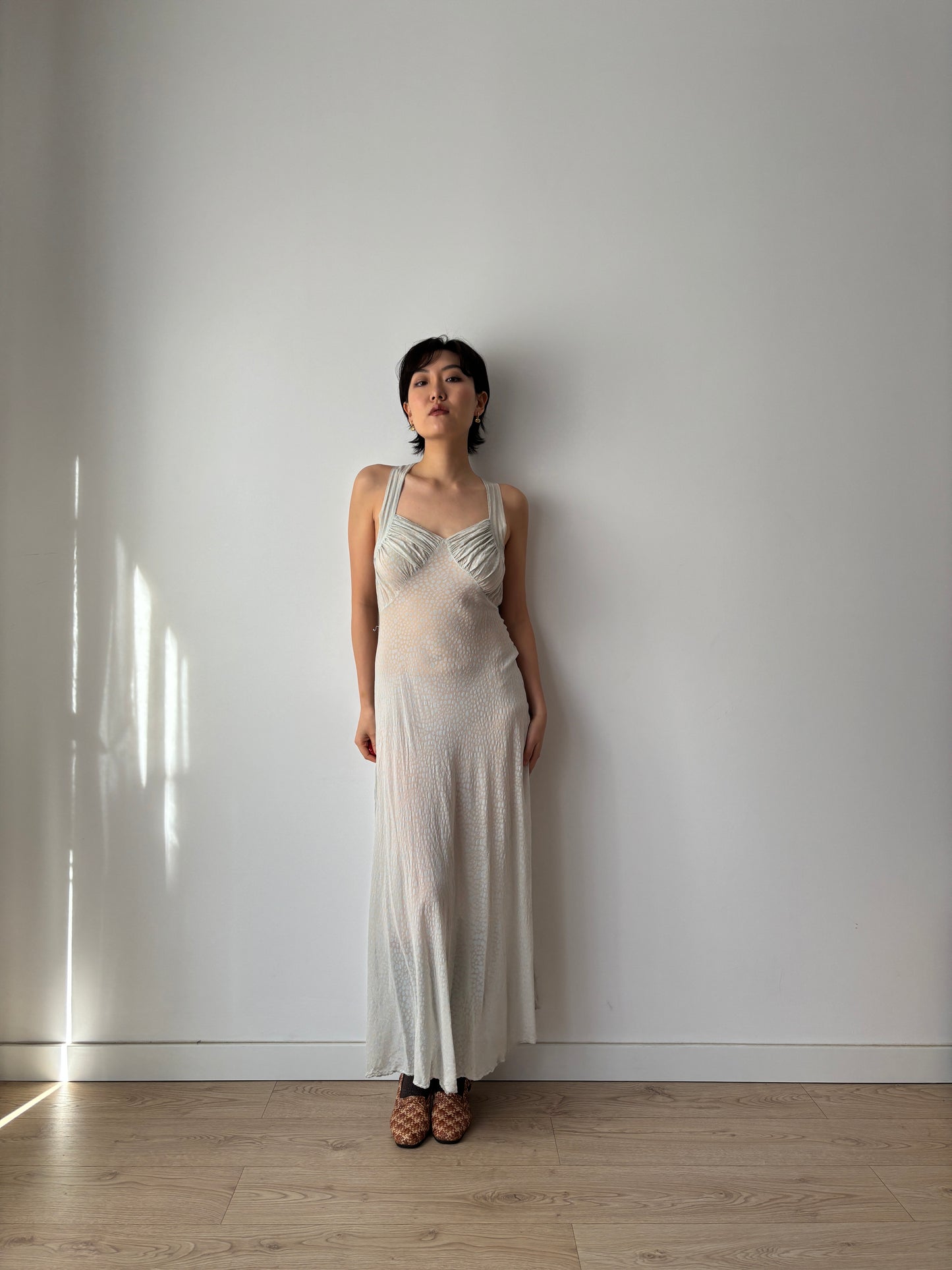 1930s Bias Cut Silk Crepe Gown in Beige: Subtle Blue Floral Print