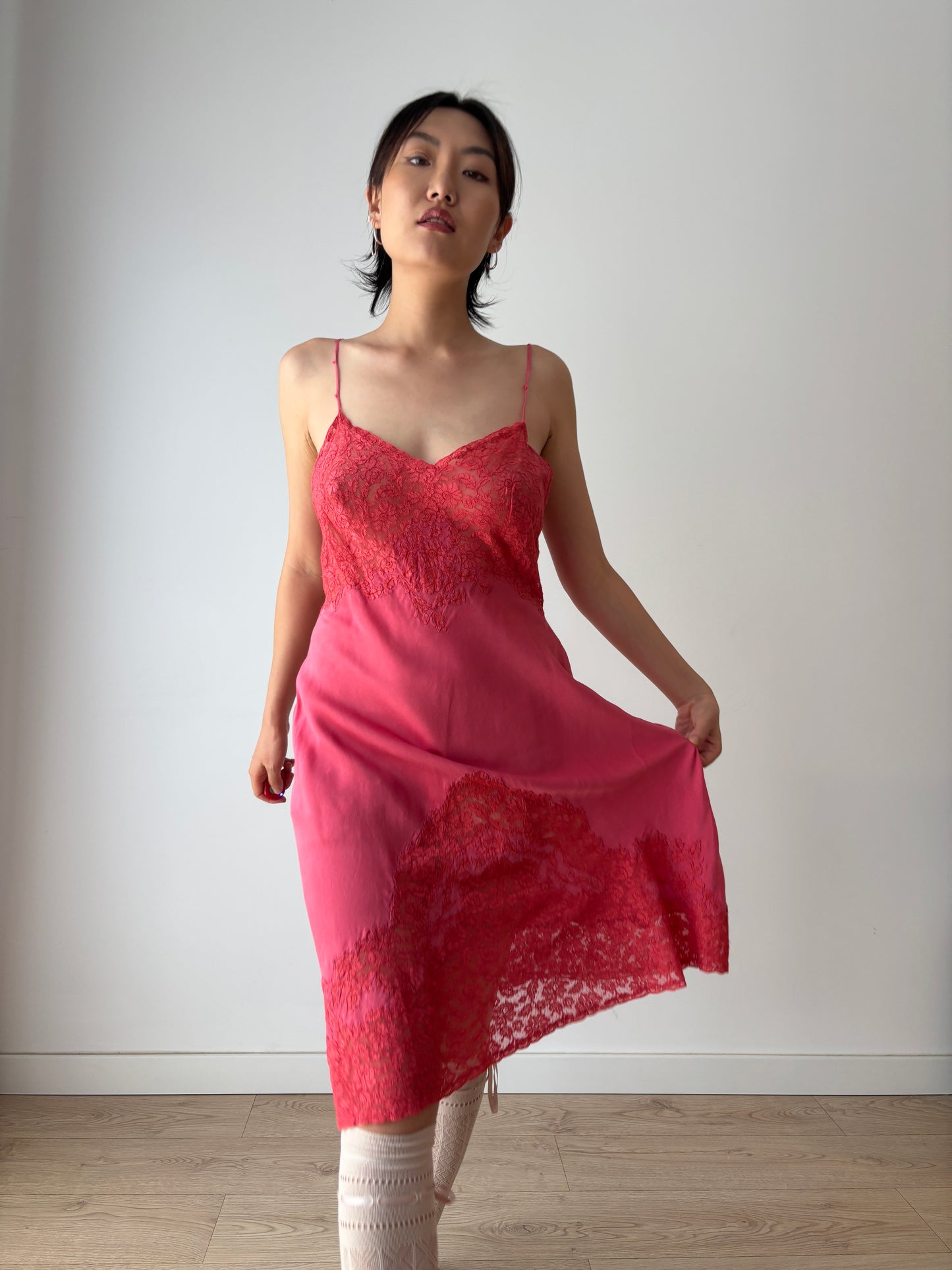 1930s 1920s Antique rare red rich lace liquid pure silk satin bridal slip dress