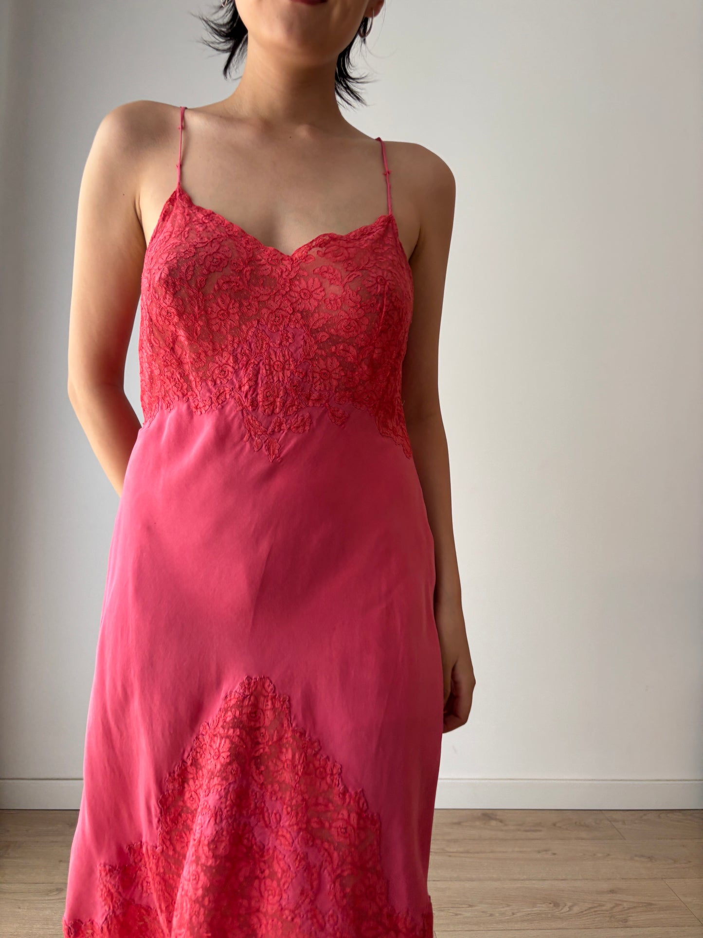 1930s 1920s Antique rare red rich lace liquid pure silk satin bridal slip dress
