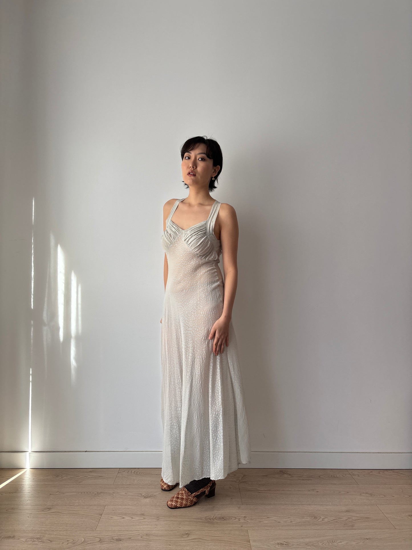 1930s Bias Cut Silk Crepe Gown in Beige: Subtle Blue Floral Print