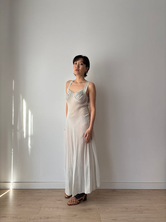 1930s Bias Cut Silk Crepe Gown in Beige: Subtle Blue Floral Print