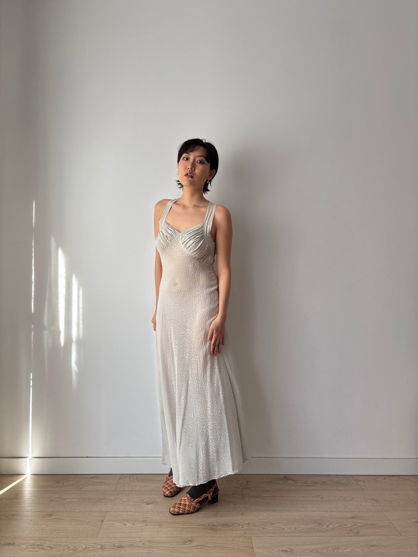 1930s Bias Cut Silk Crepe Gown in Beige: Subtle Blue Floral Print