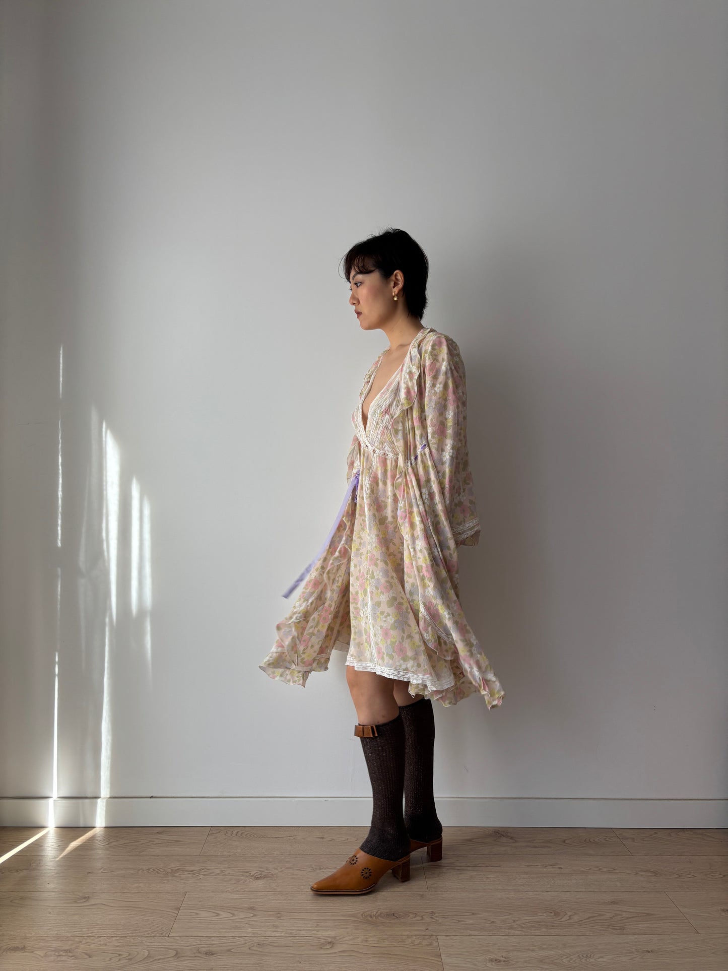 1960s French Lace & Silk Peignoir Set: Floral Robe and Slip