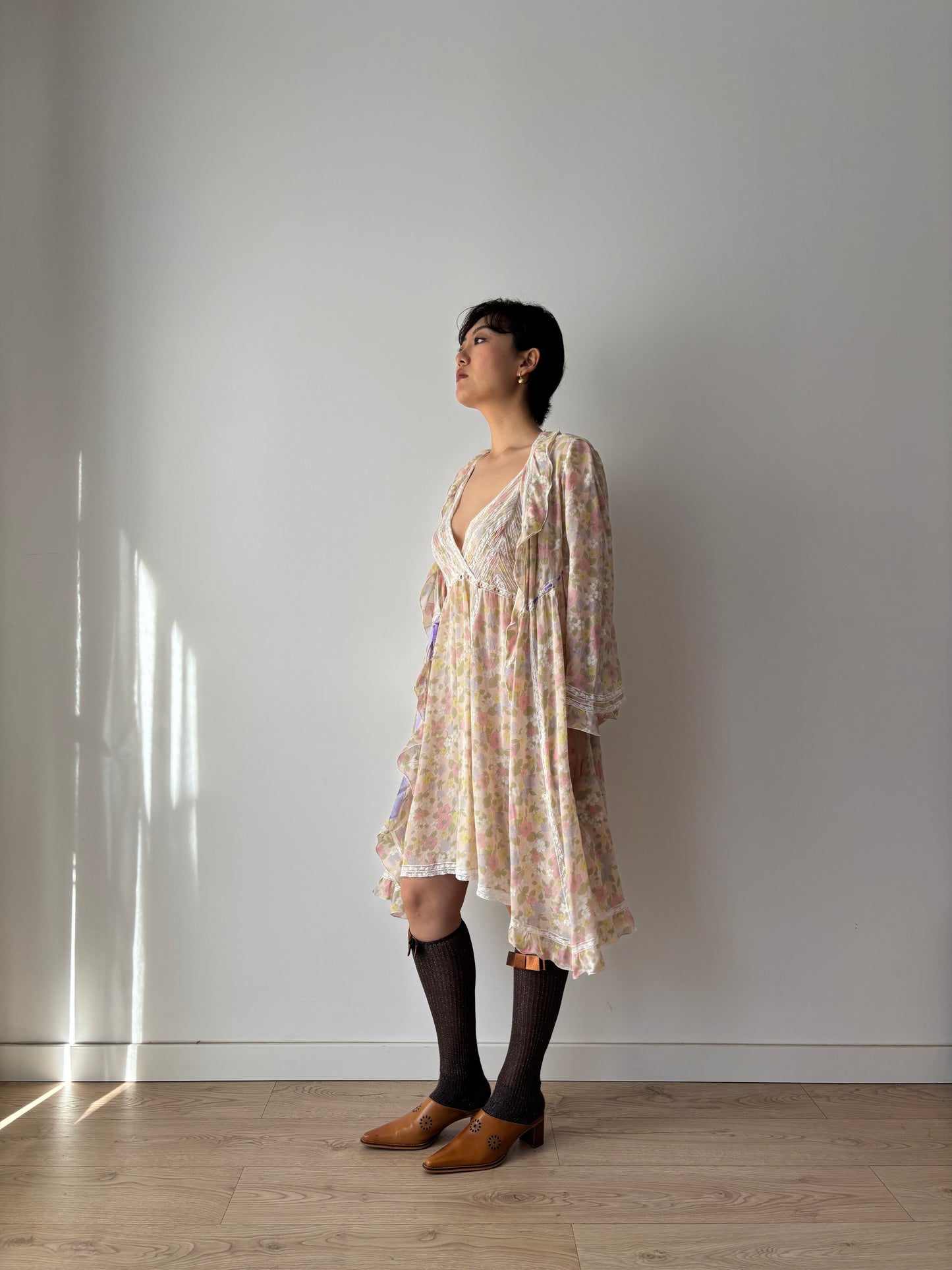 1960s French Lace & Silk Peignoir Set: Floral Robe and Slip