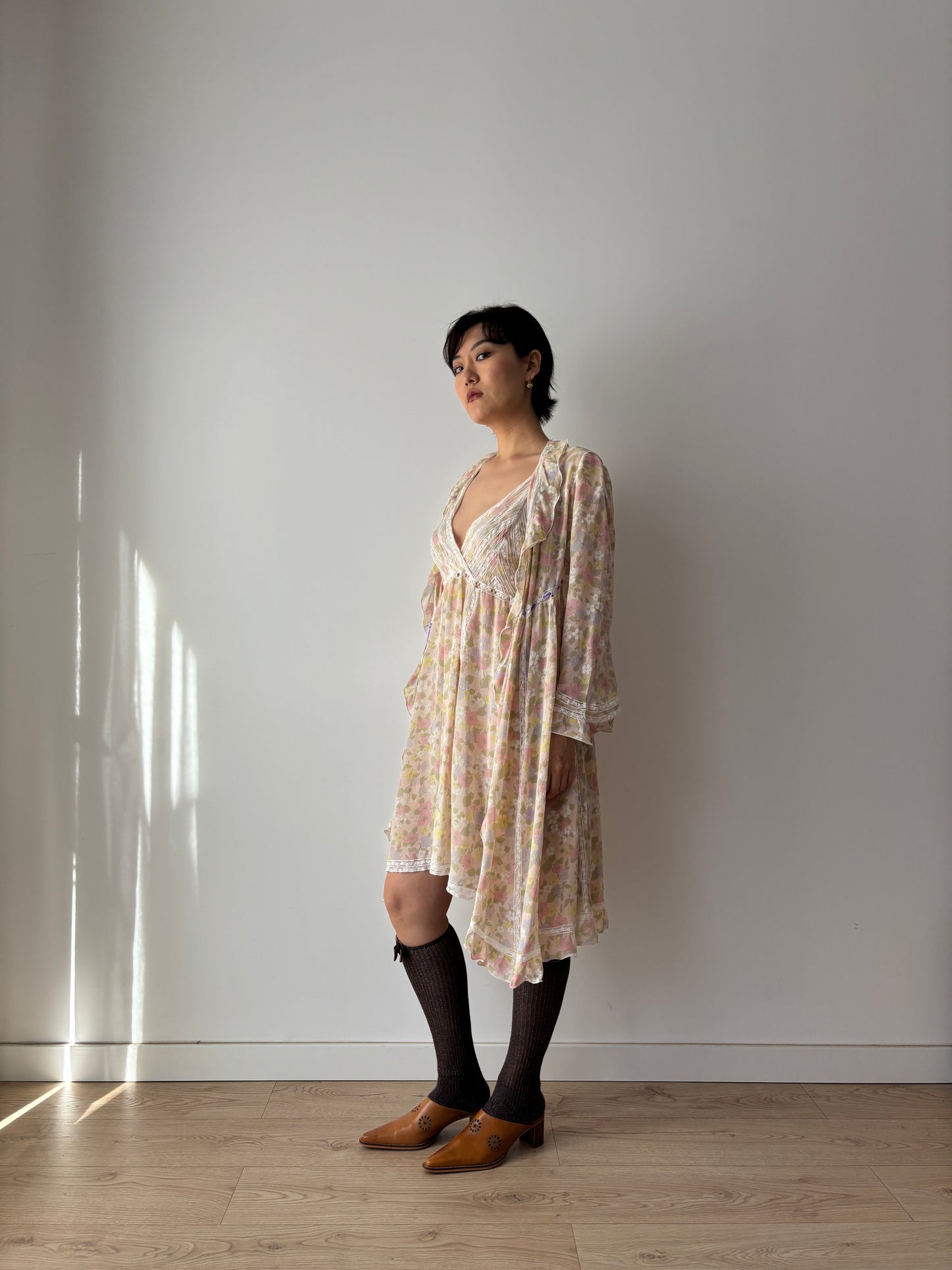 1960s French Lace & Silk Peignoir Set: Floral Robe and Slip