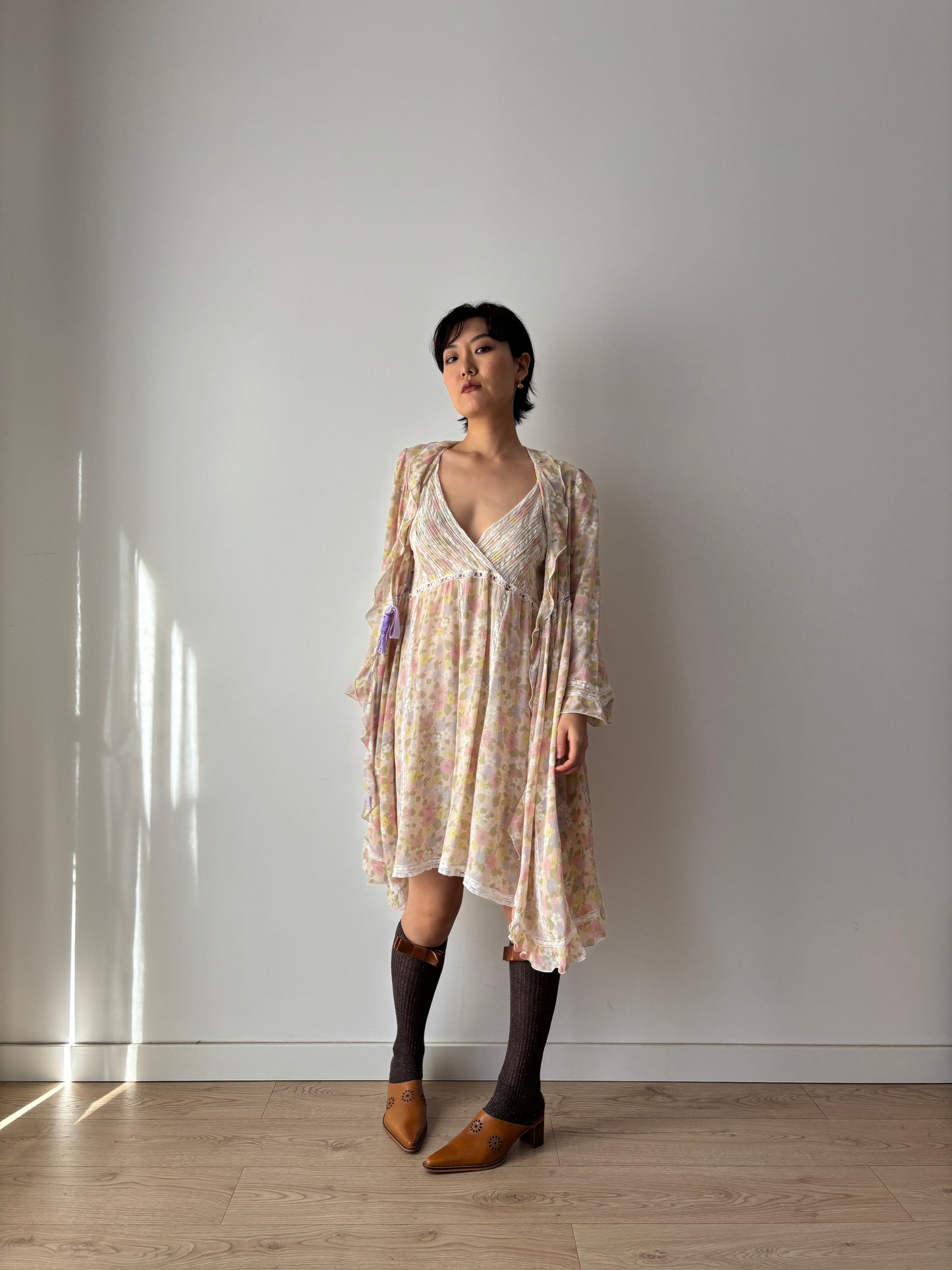 1960s French Lace & Silk Peignoir Set: Floral Robe and Slip