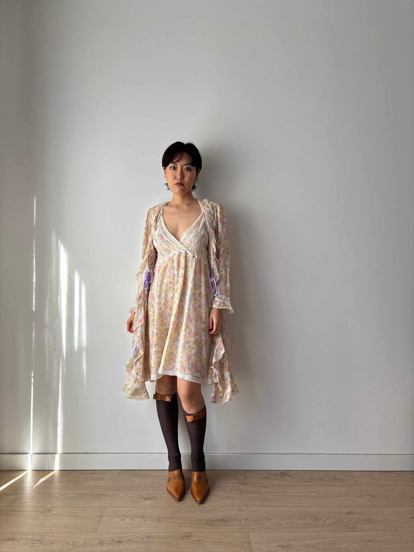 1960s French Lace & Silk Peignoir Set: Floral Robe and Slip