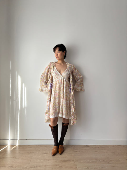 1960s French Lace & Silk Peignoir Set: Floral Robe and Slip