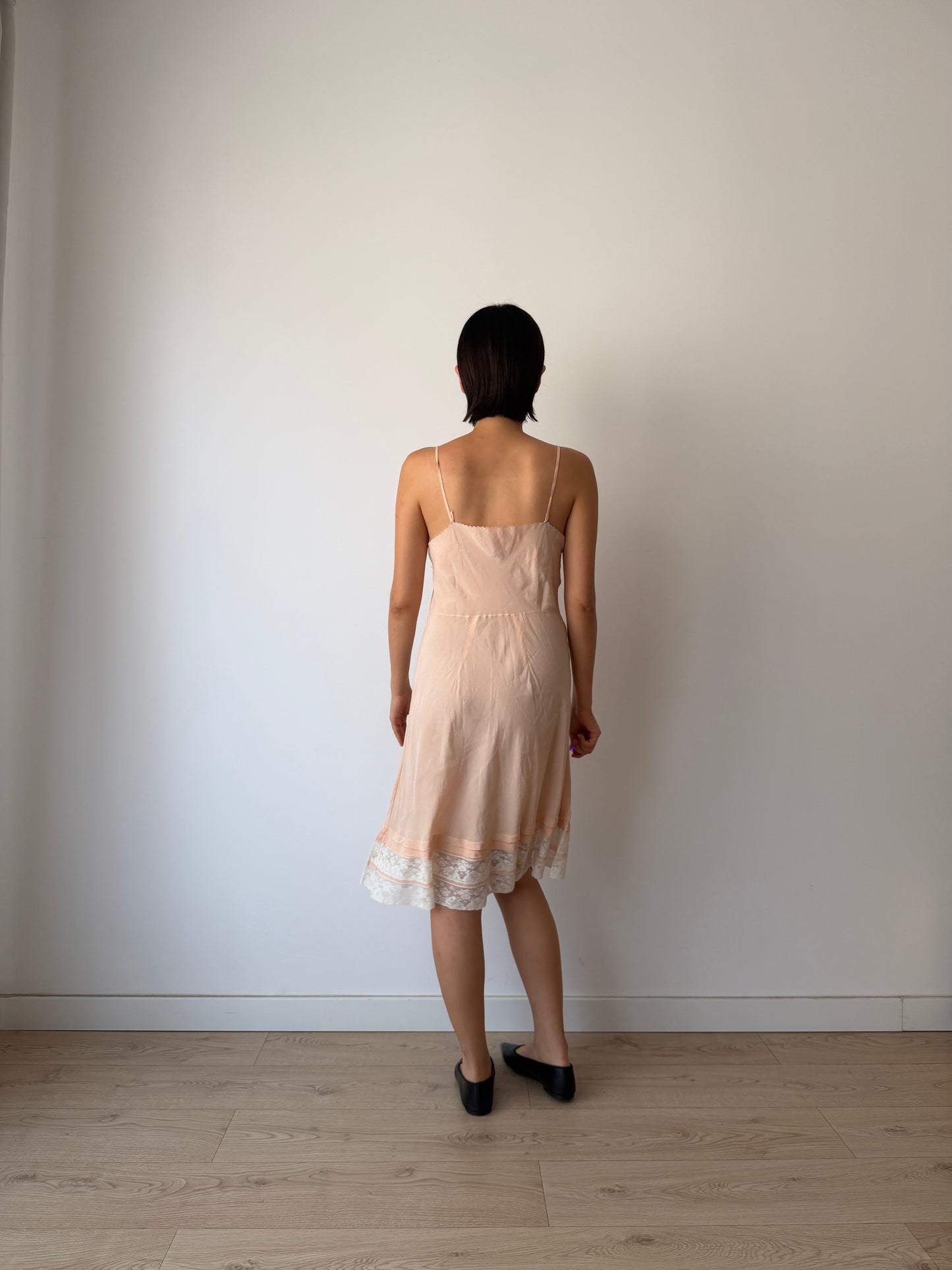 1930s Vintage Pastel Pink Pure Silk Slip Dress With French Lace And Embroidery