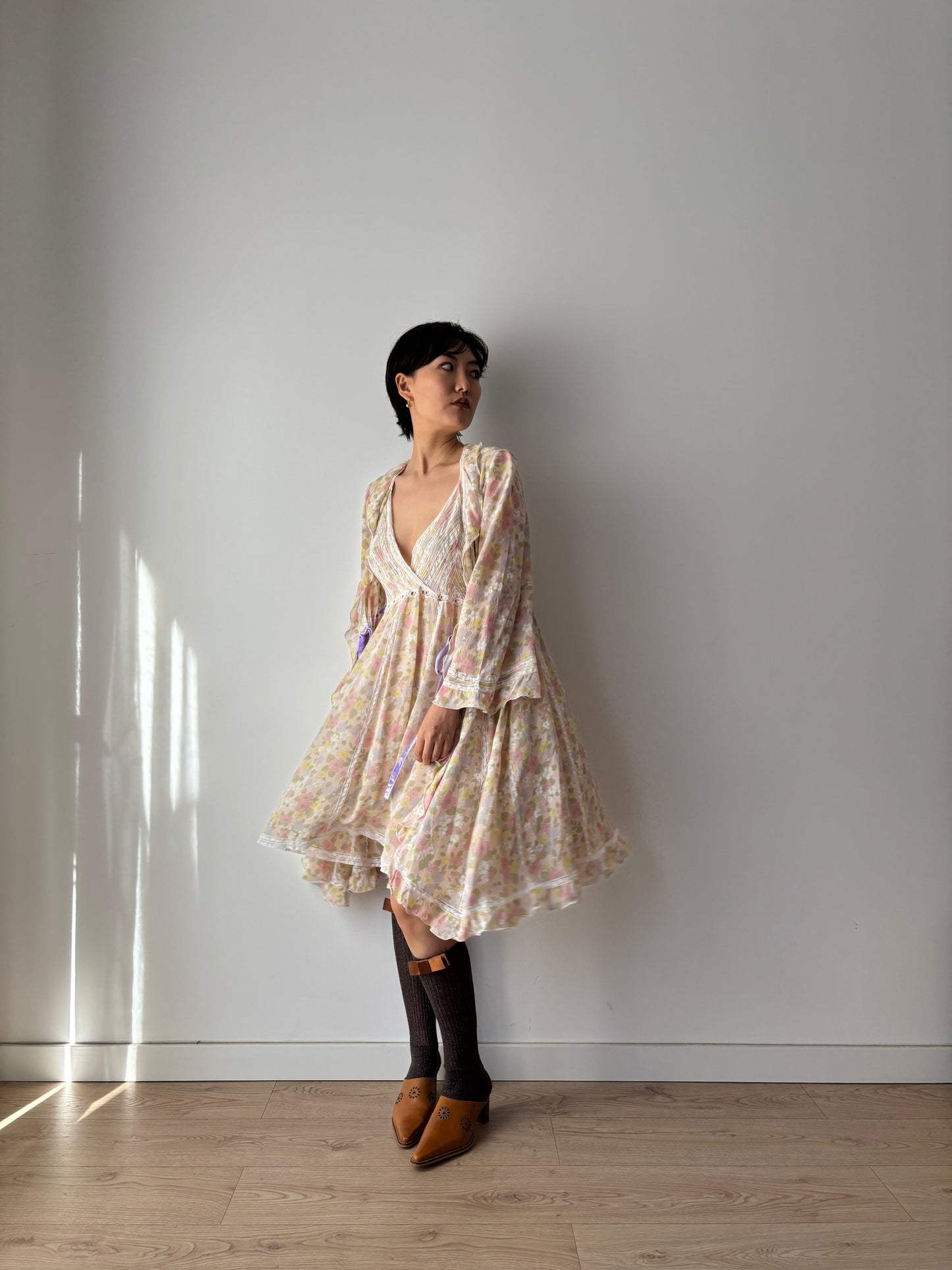 1960s French Lace & Silk Peignoir Set: Floral Robe and Slip