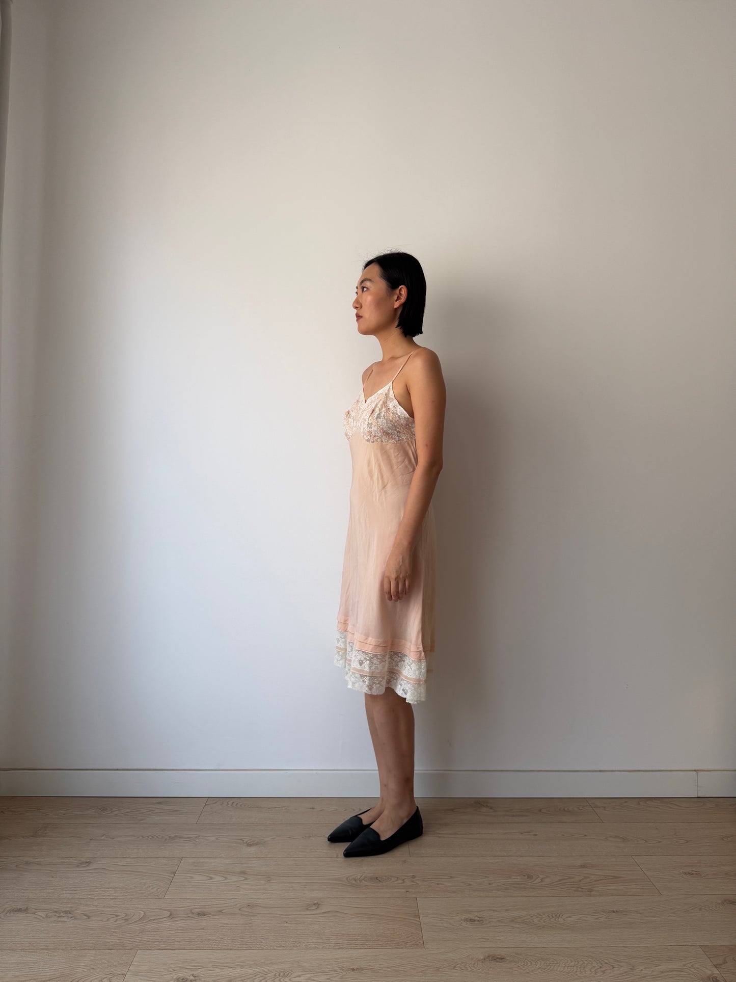 1930s Vintage Pastel Pink Pure Silk Slip Dress With French Lace And Embroidery