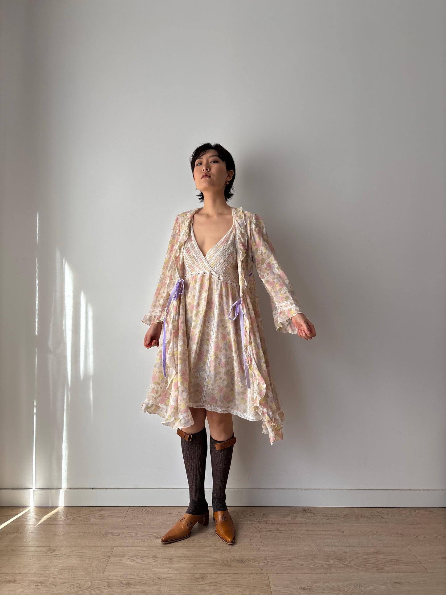 1960s French Lace & Silk Peignoir Set: Floral Robe and Slip