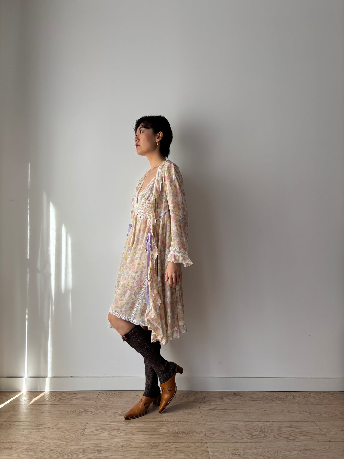 1960s French Lace & Silk Peignoir Set: Floral Robe and Slip