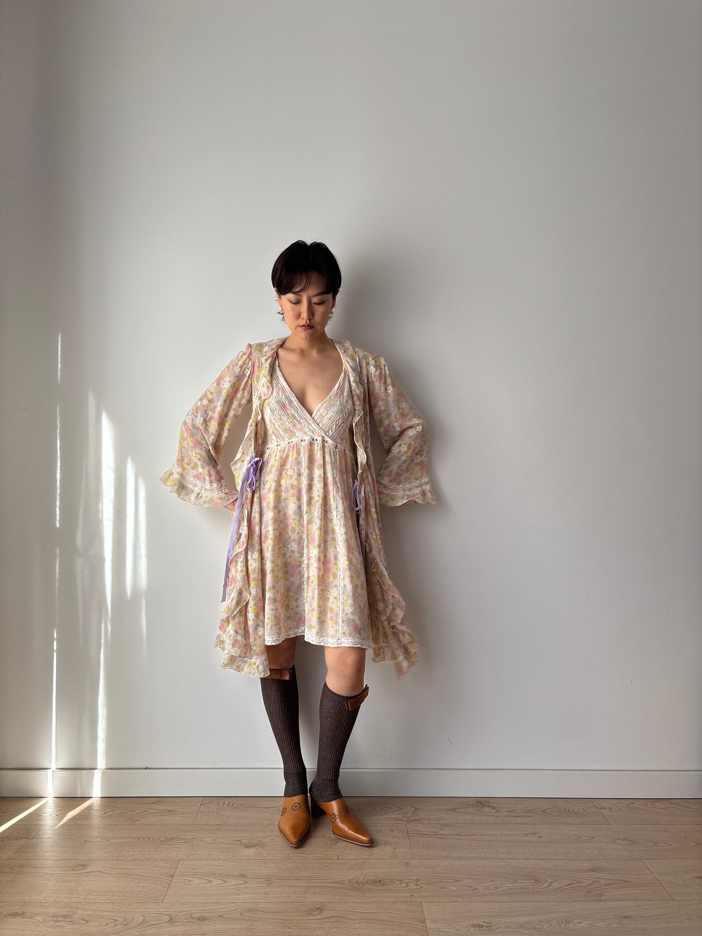 1960s French Lace & Silk Peignoir Set: Floral Robe and Slip