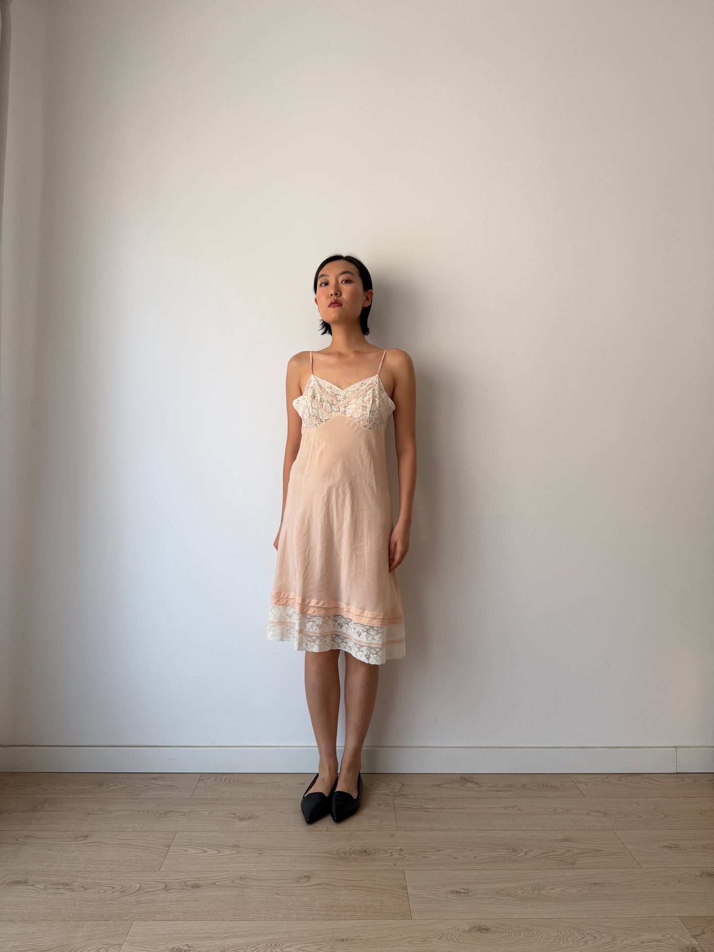 1930s Vintage Pastel Pink Pure Silk Slip Dress With French Lace And Embroidery