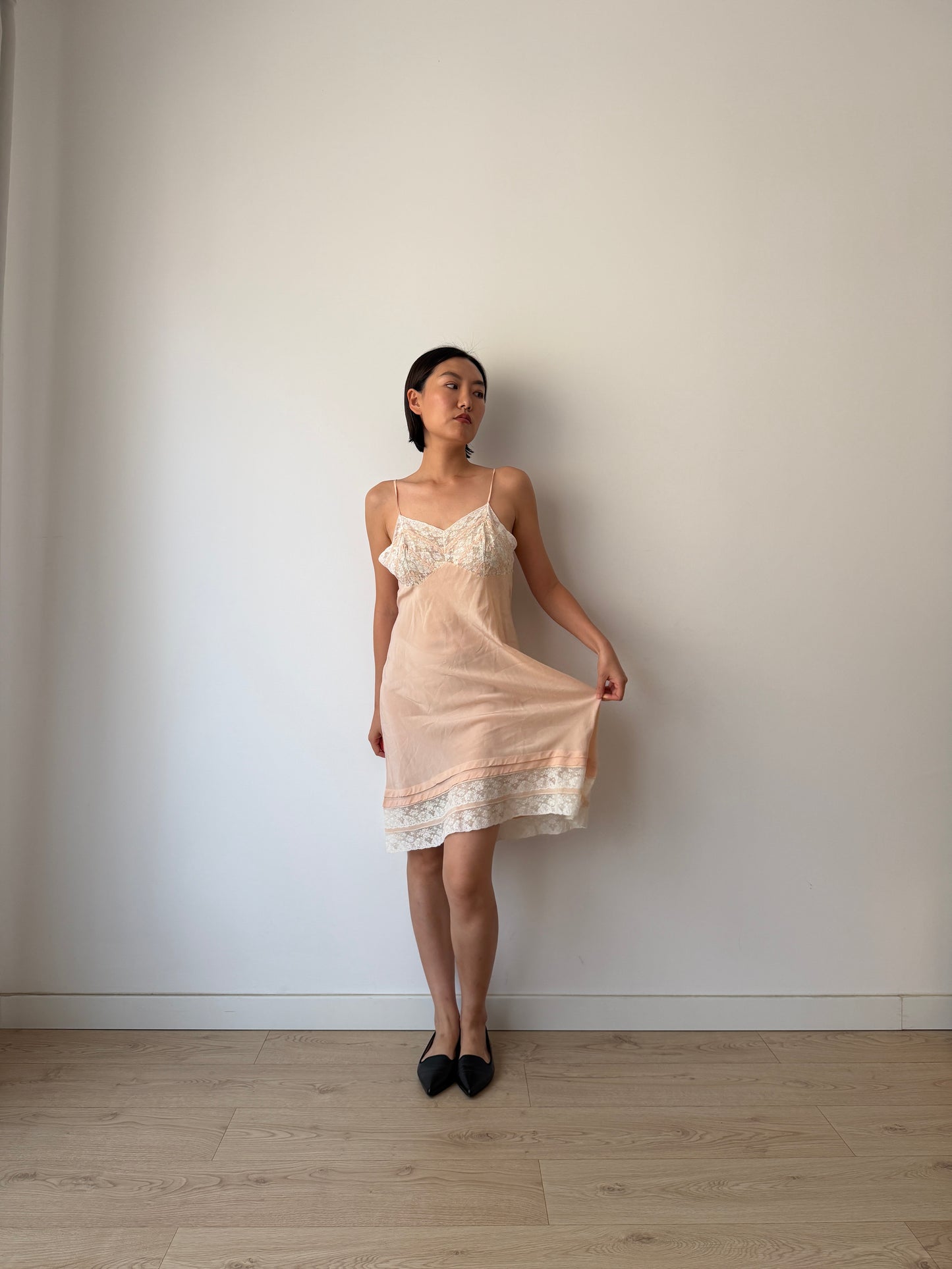 1930s Vintage Pastel Pink Pure Silk Slip Dress With French Lace And Embroidery