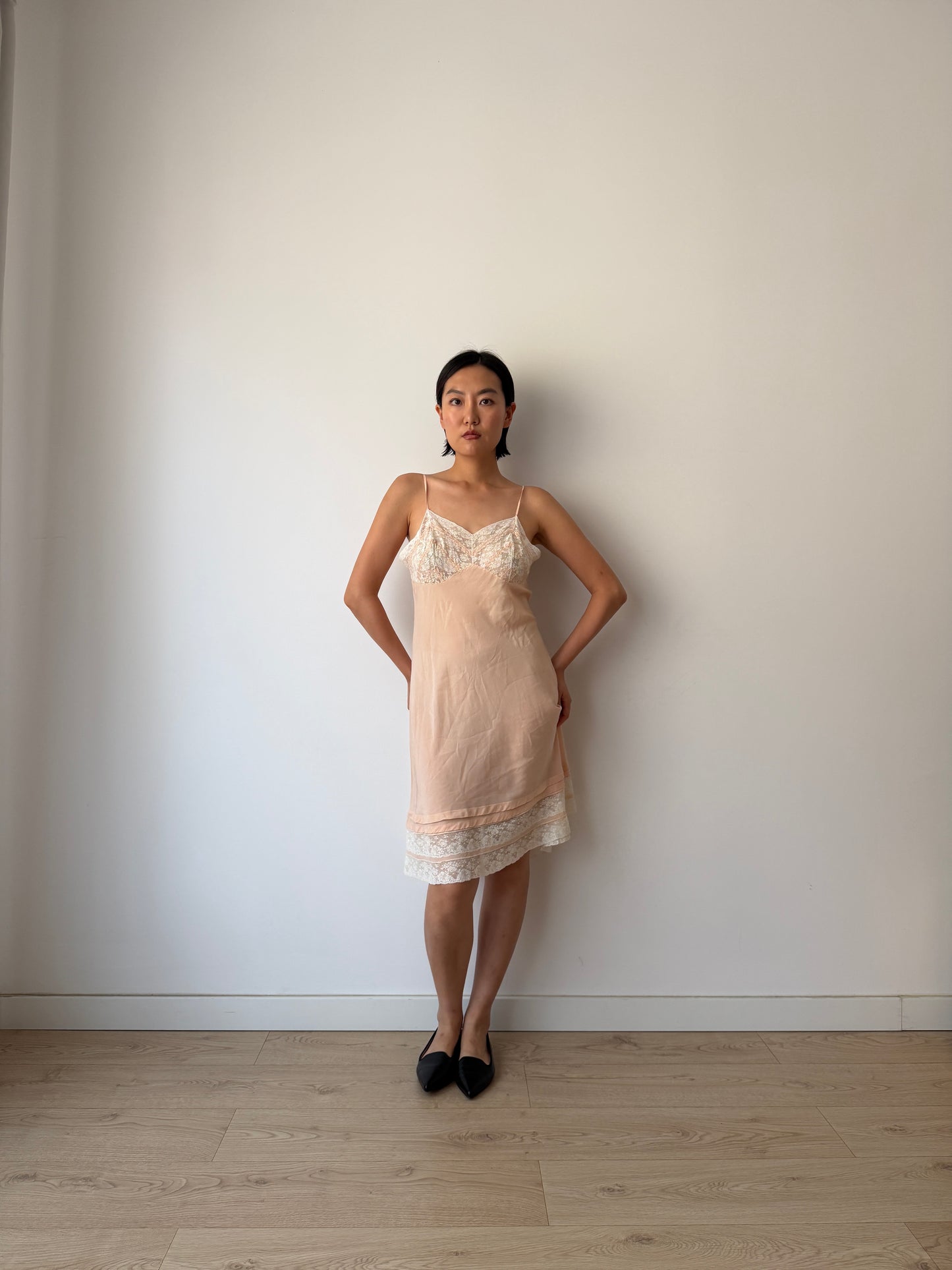 1930s Vintage Pastel Pink Pure Silk Slip Dress With French Lace And Embroidery