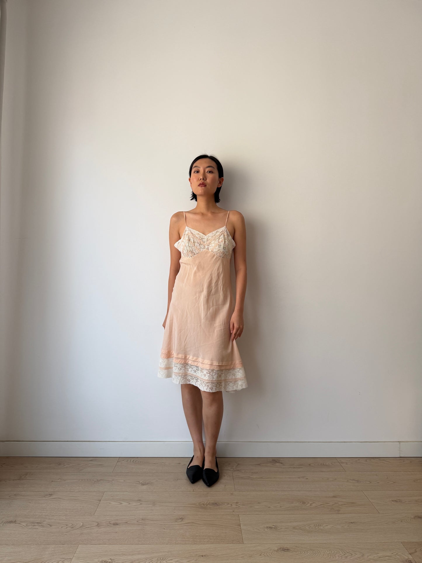 1930s Vintage Pastel Pink Pure Silk Slip Dress With French Lace And Embroidery