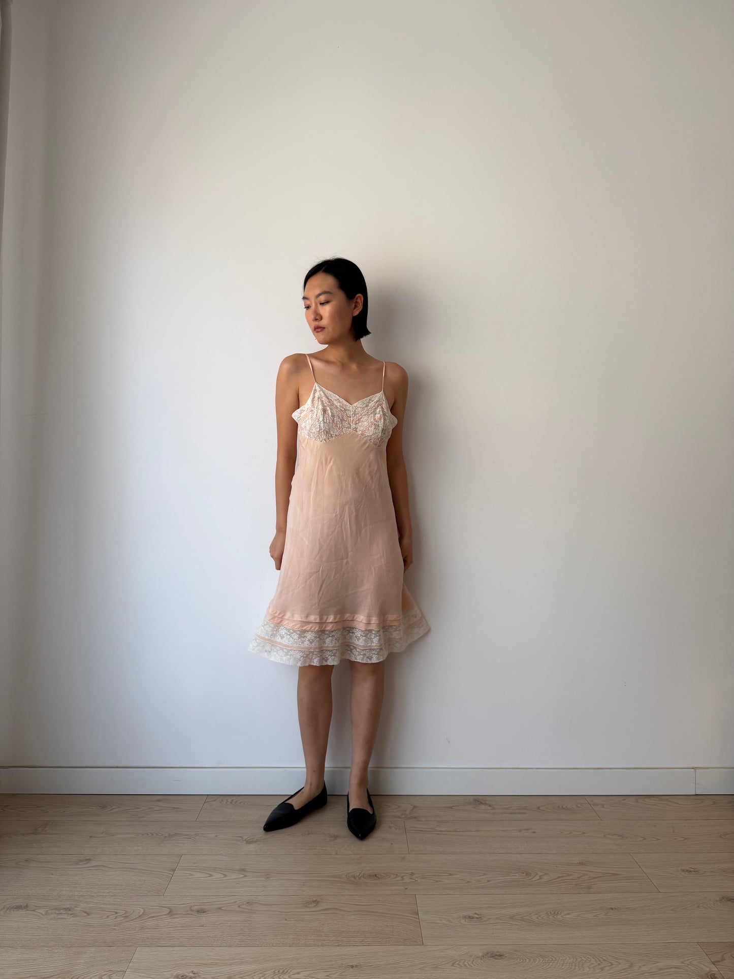 1930s Vintage Pastel Pink Pure Silk Slip Dress With French Lace And Embroidery
