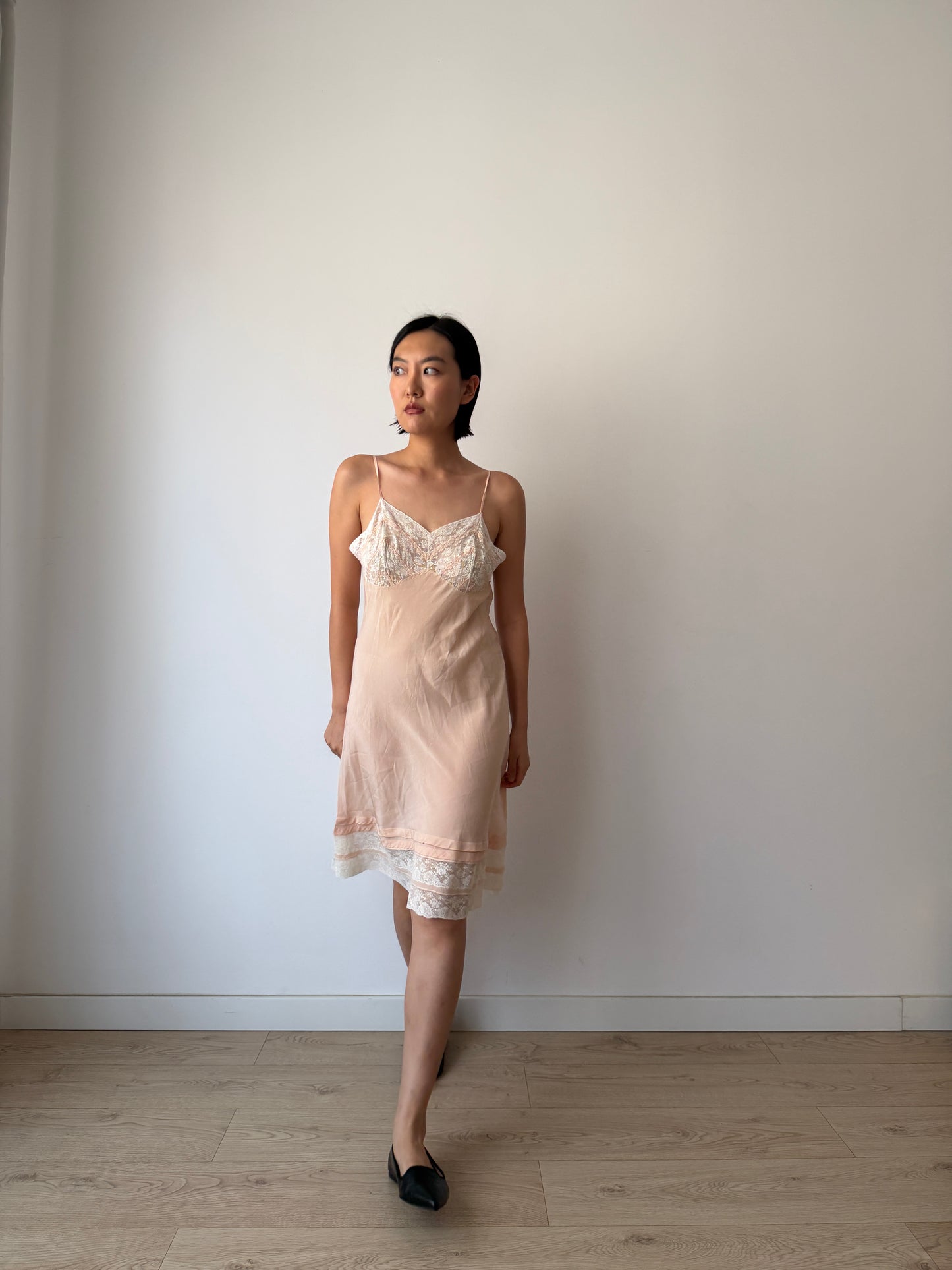1930s Vintage Pastel Pink Pure Silk Slip Dress With French Lace And Embroidery