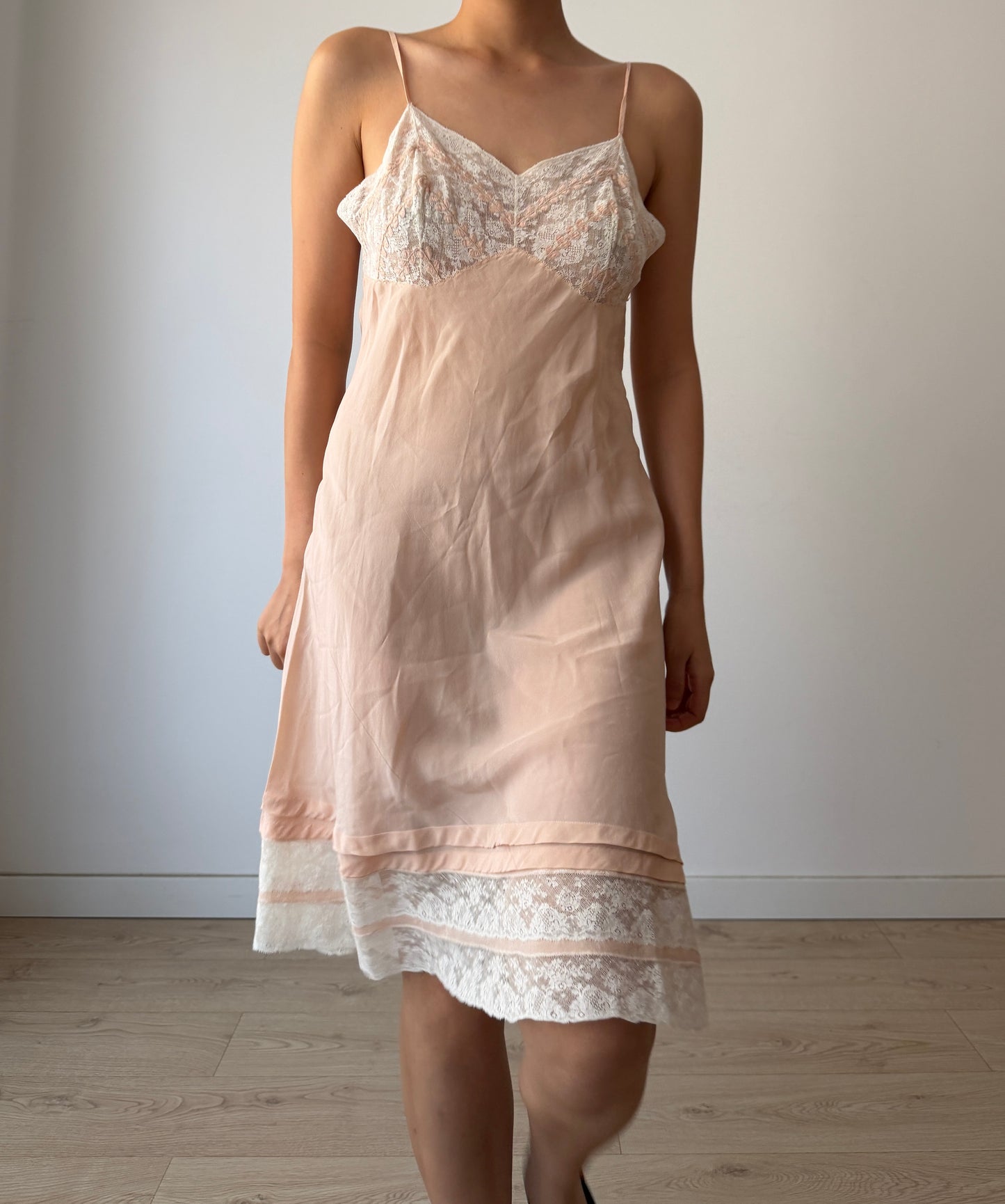 1930s Vintage Pastel Pink Pure Silk Slip Dress With French Lace And Embroidery
