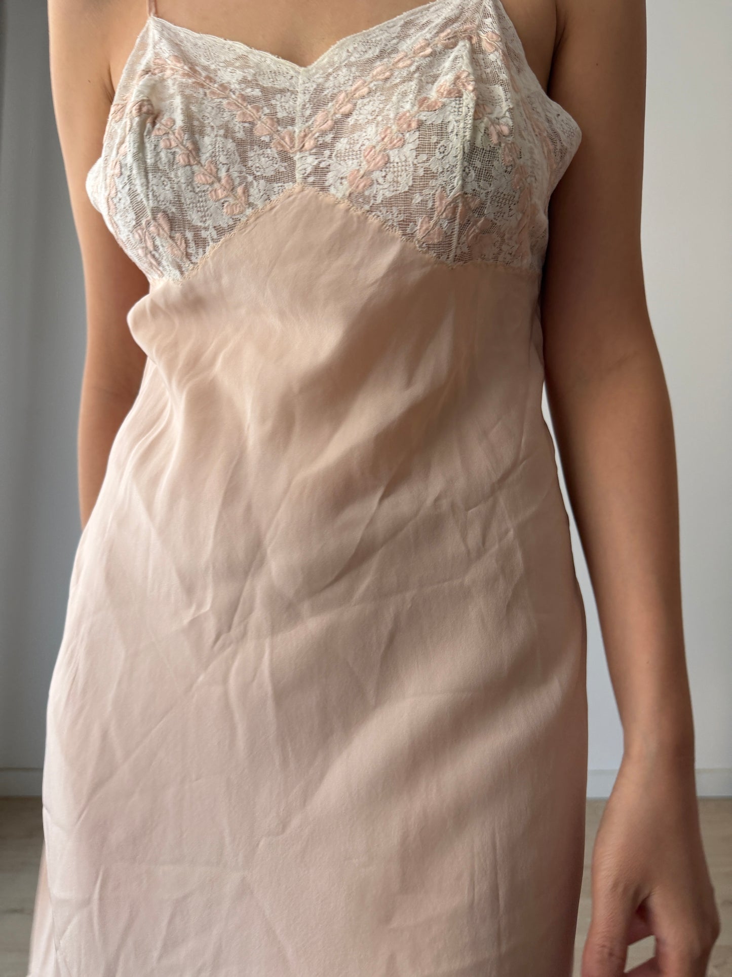 1930s Vintage Pastel Pink Pure Silk Slip Dress With French Lace And Embroidery