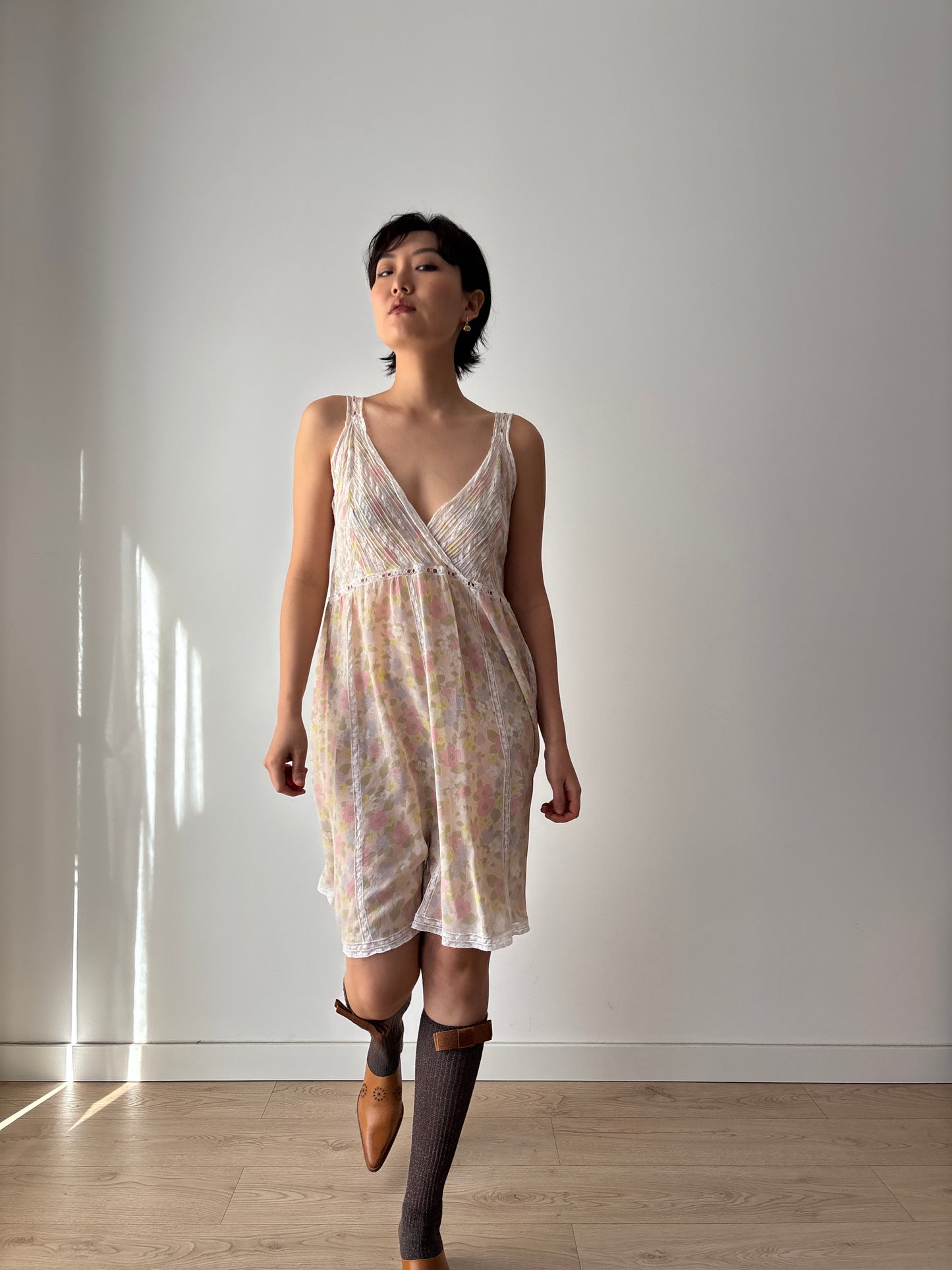 1960s French Lace & Silk Peignoir Set: Floral Robe and Slip