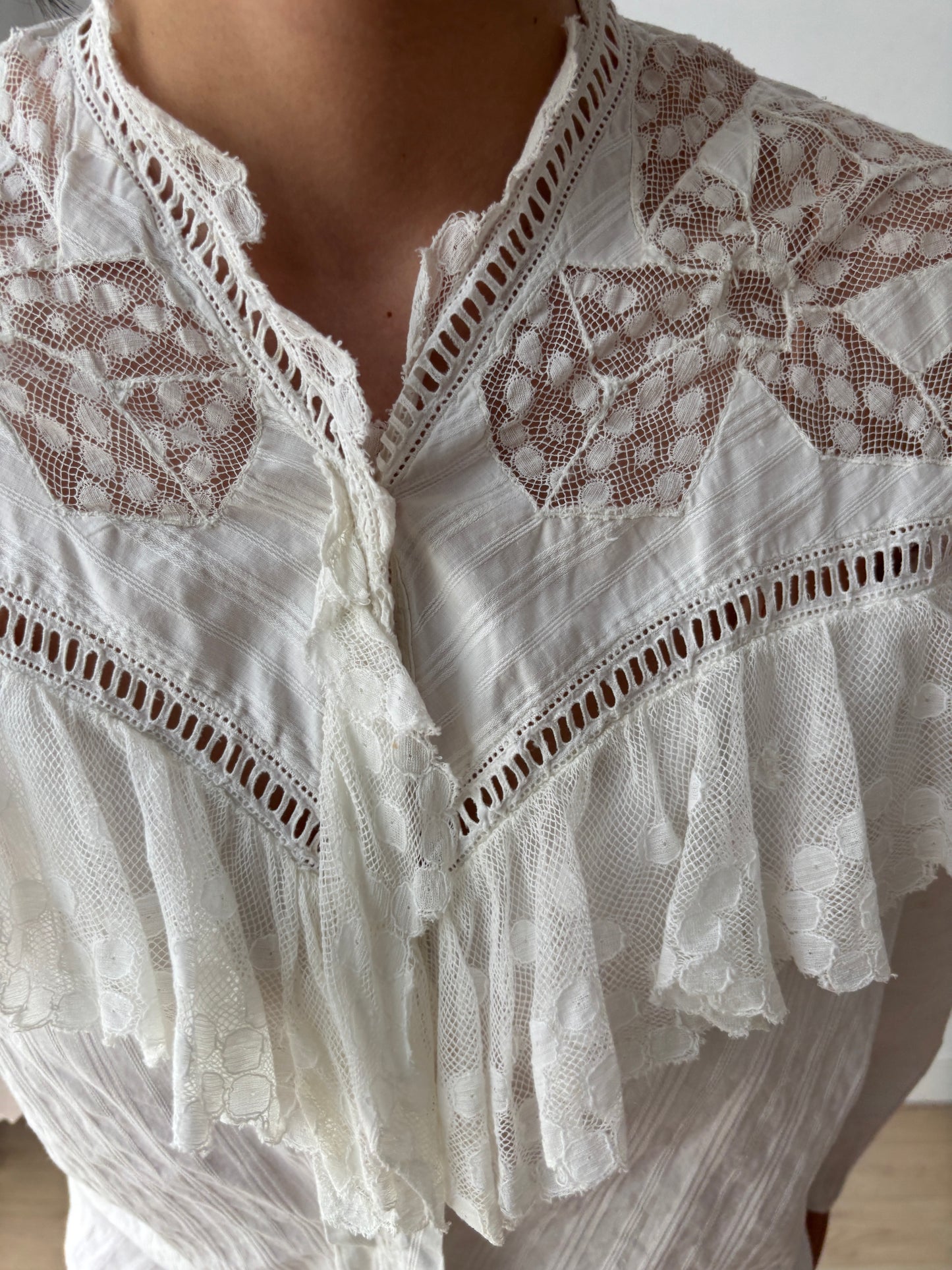 Antique 1910s Edwardian Blouse, 1910s French Lace White Cotton Blouse With Bow Embroidered Lace