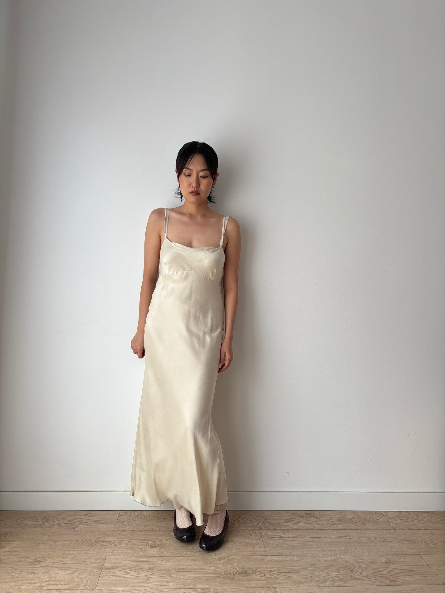Vintage 90s Y2K liquid pure silk beige white bridal slip long maxi camisole dress