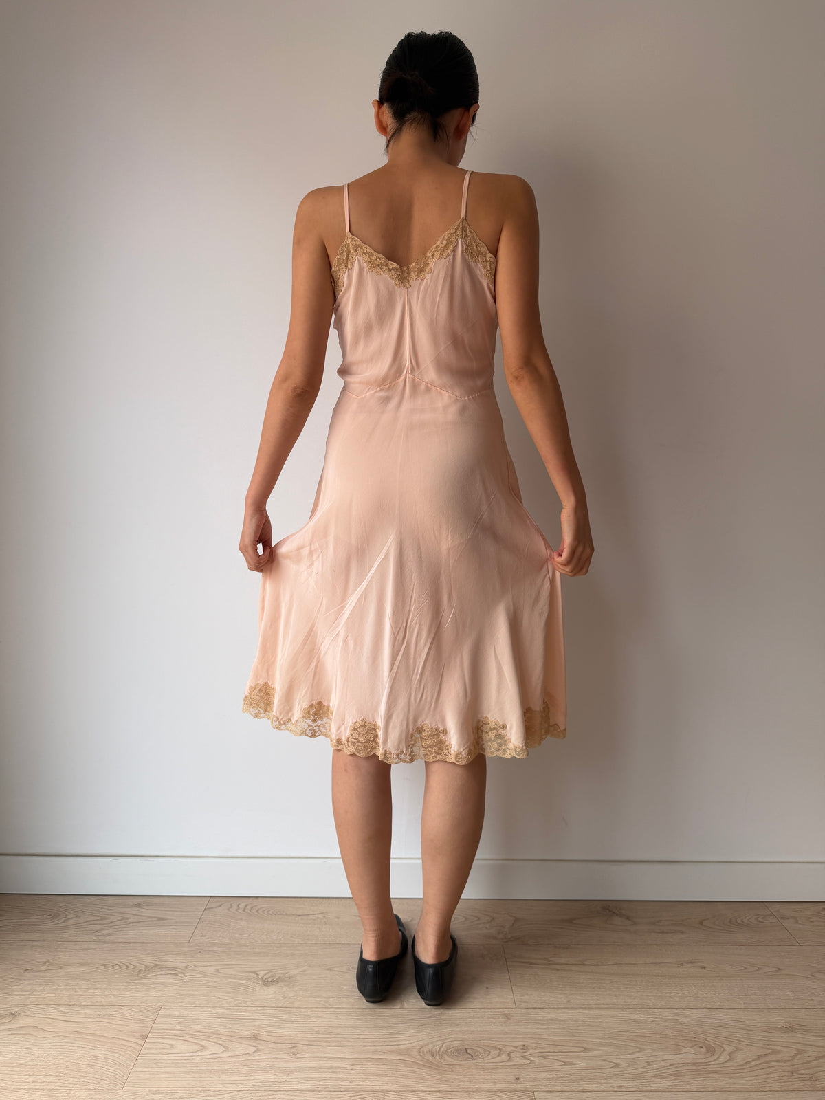 Vintage 1930s Pink Slip Dress with Floral Lace Trim, Midi Length