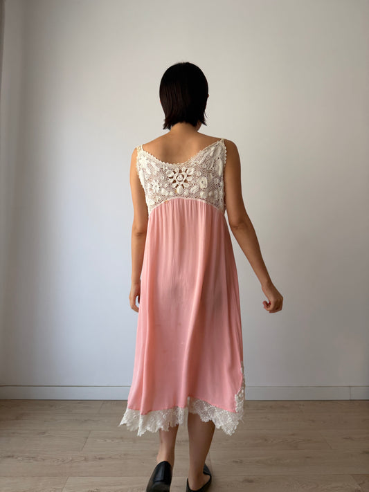 1920s Antique Pink French Crochet Lace Silk Slip Dress | Vintage Lace Nightgown | Mini Slip Dress | Romantic Bridal Lingerie
