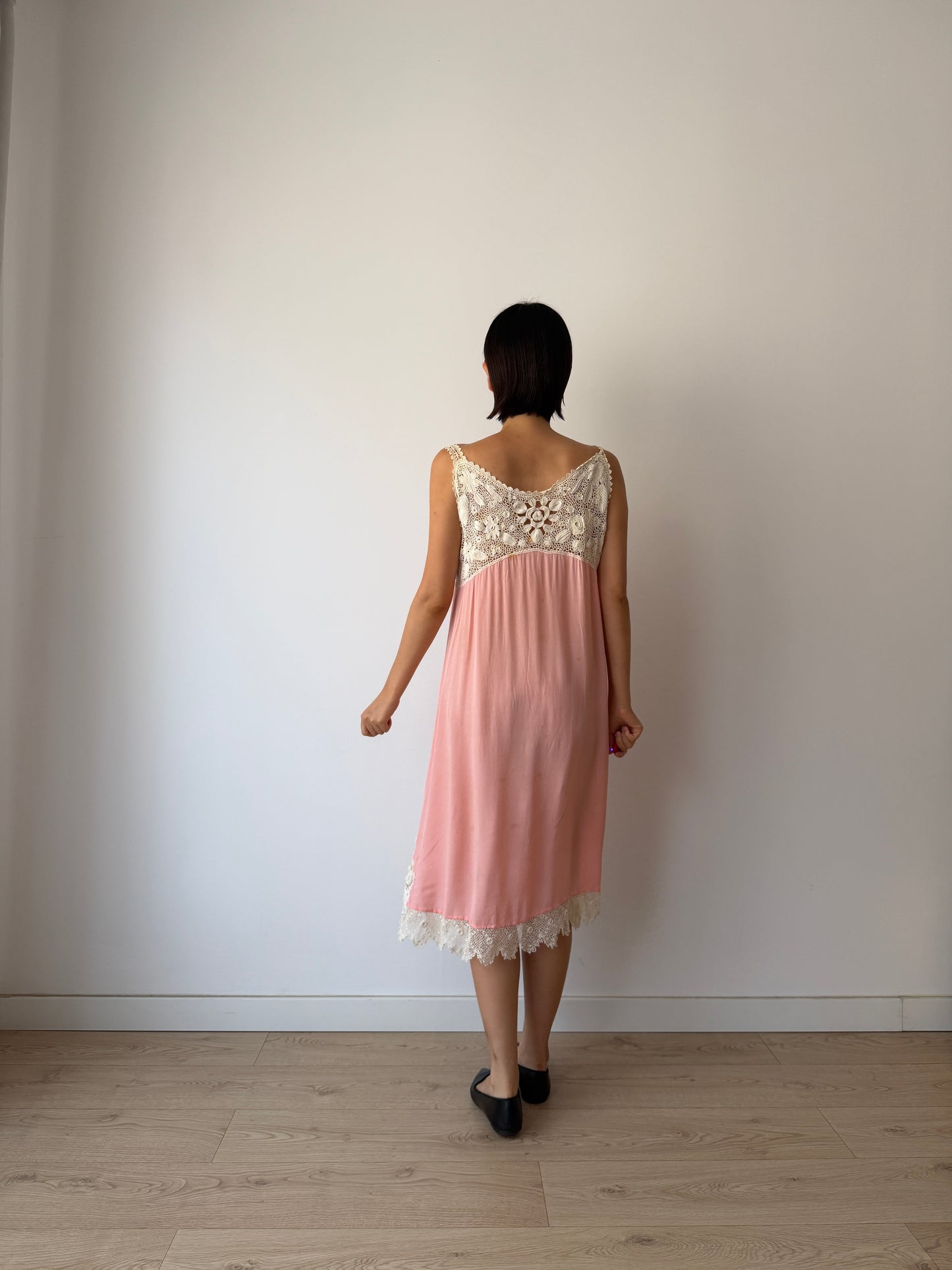1920s Antique Pink French Crochet Lace Silk Slip Dress | Vintage Lace Nightgown | Mini Slip Dress | Romantic Bridal Lingerie