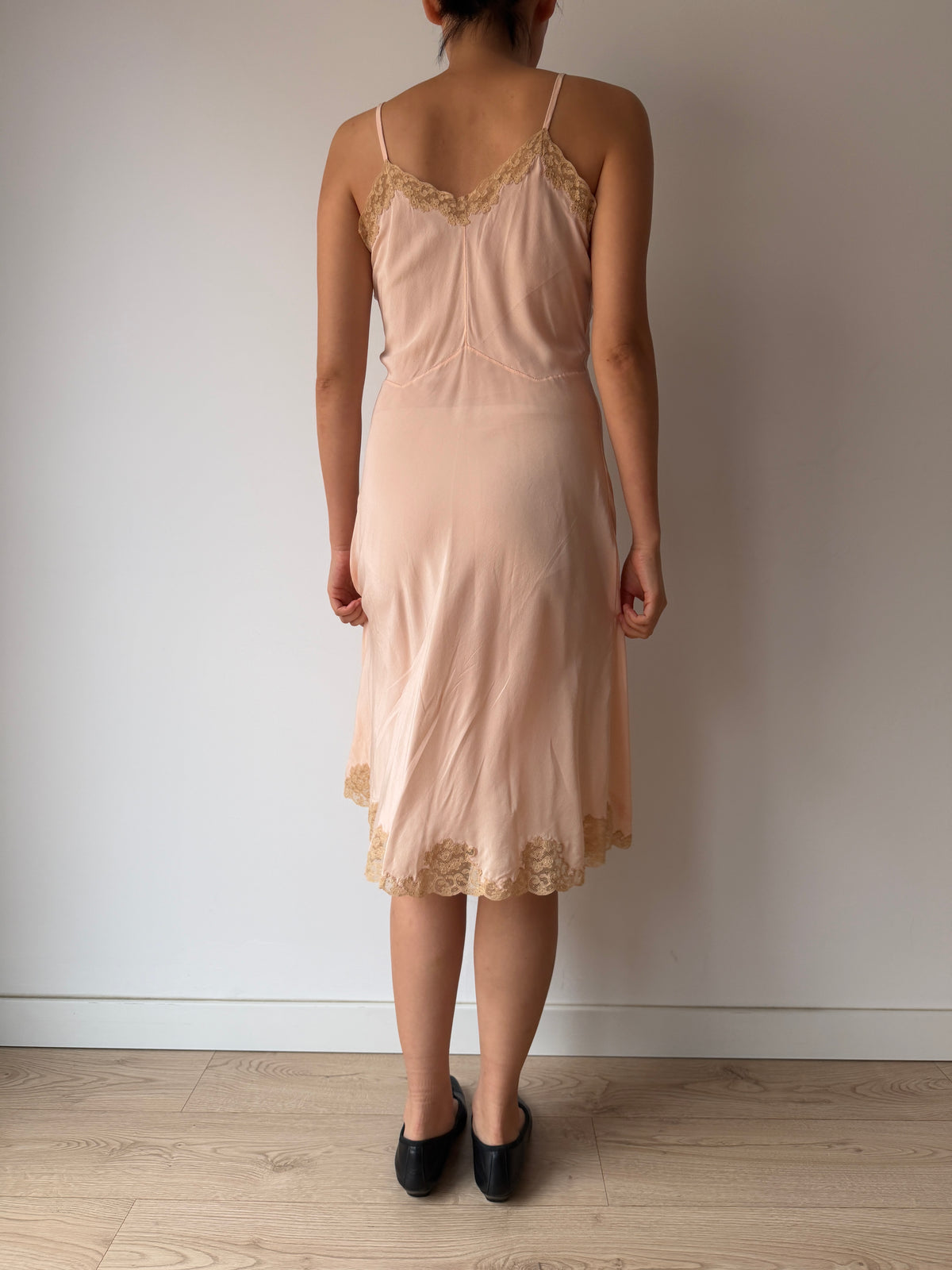 Vintage 1930s Pink Slip Dress with Floral Lace Trim, Midi Length