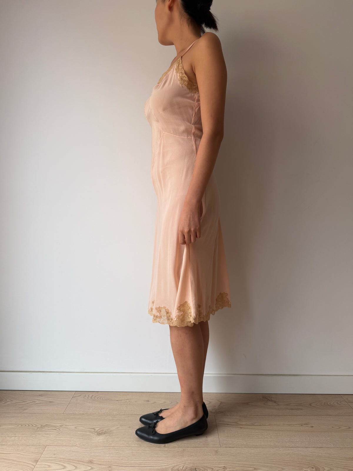 Vintage 1930s Pink Slip Dress with Floral Lace Trim, Midi Length