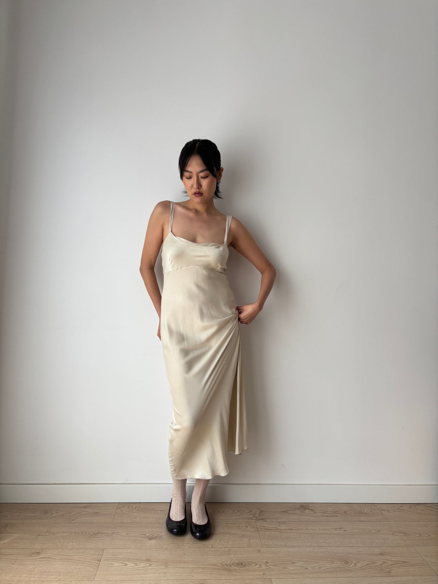 Vintage 90s Y2K liquid pure silk beige white bridal slip long maxi camisole dress