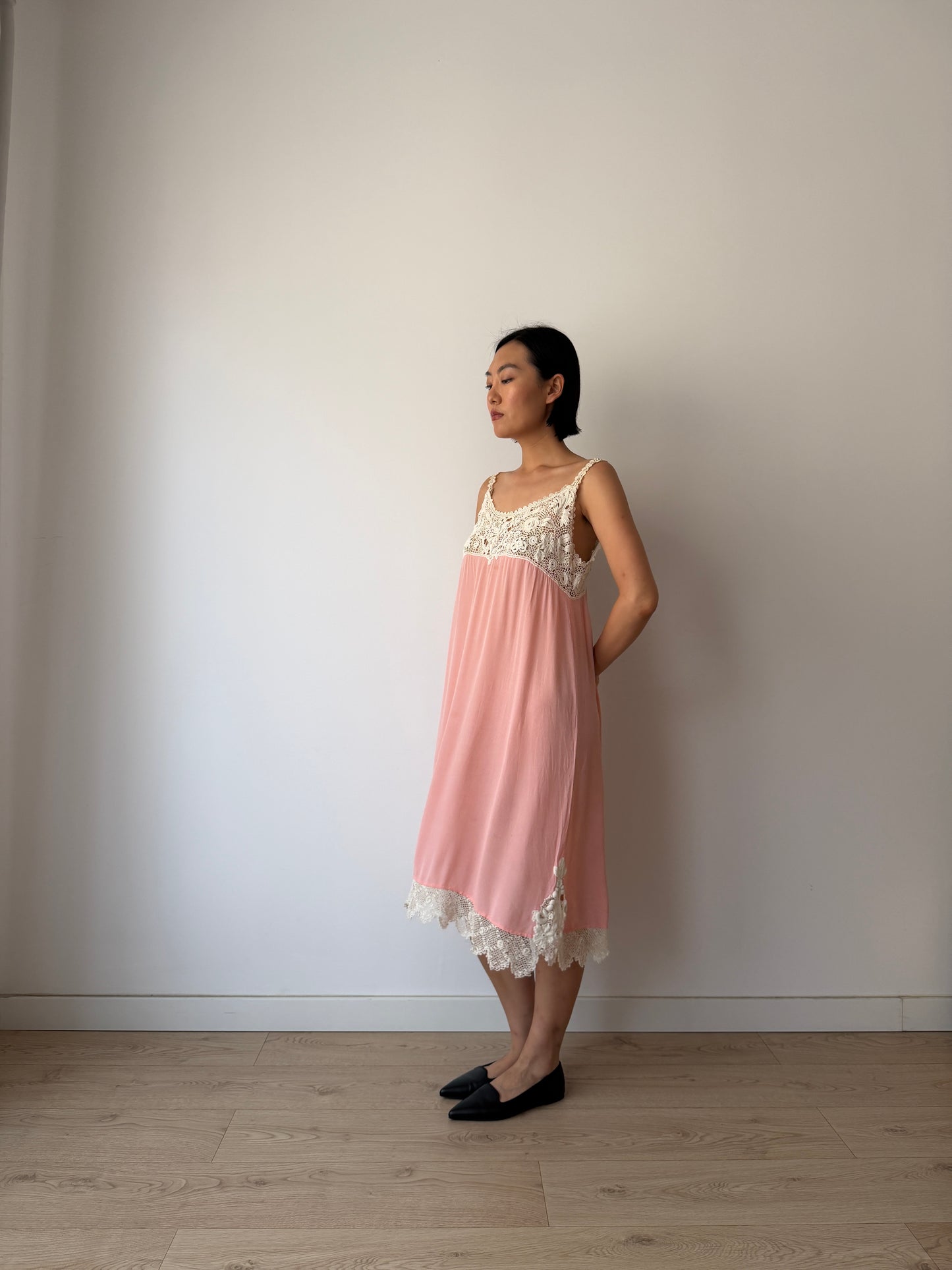 1920s Antique Pink French Crochet Lace Silk Slip Dress | Vintage Lace Nightgown | Mini Slip Dress | Romantic Bridal Lingerie