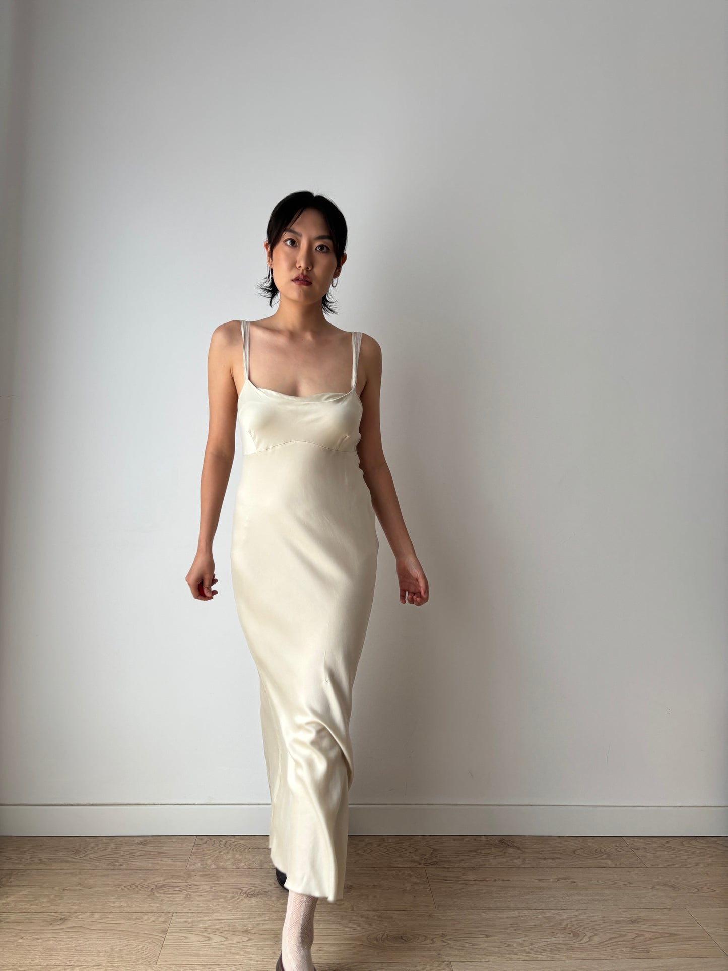 Vintage 90s Y2K liquid pure silk beige white bridal slip long maxi camisole dress